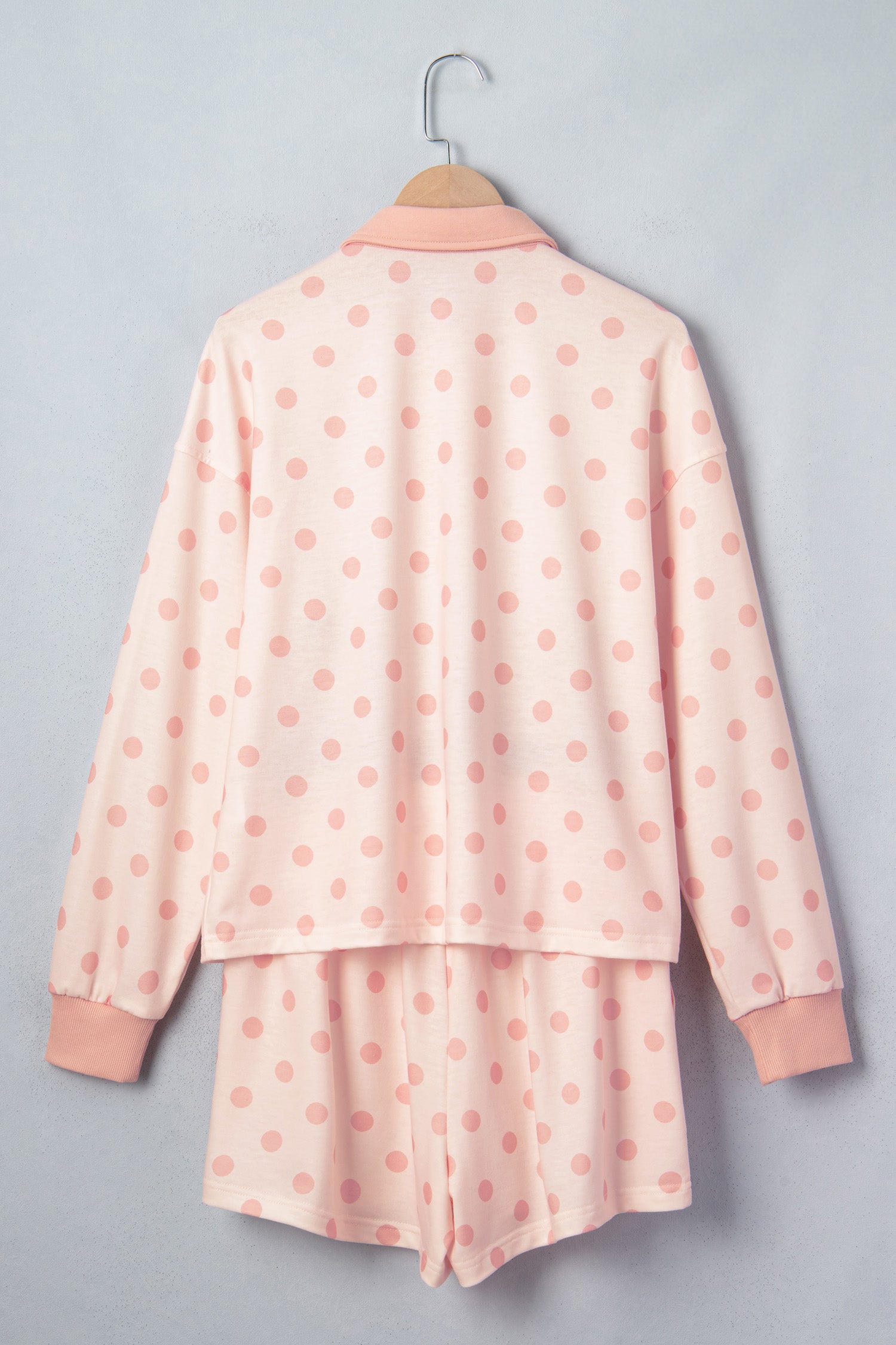 Pink Polka Dot Drop Shoulder Polo Loose Pullover Patch Pocket Casual Shorts Set-Two Piece Sets/Short Sets-[Adult]-[Female]-2022 Online Blue Zone Planet