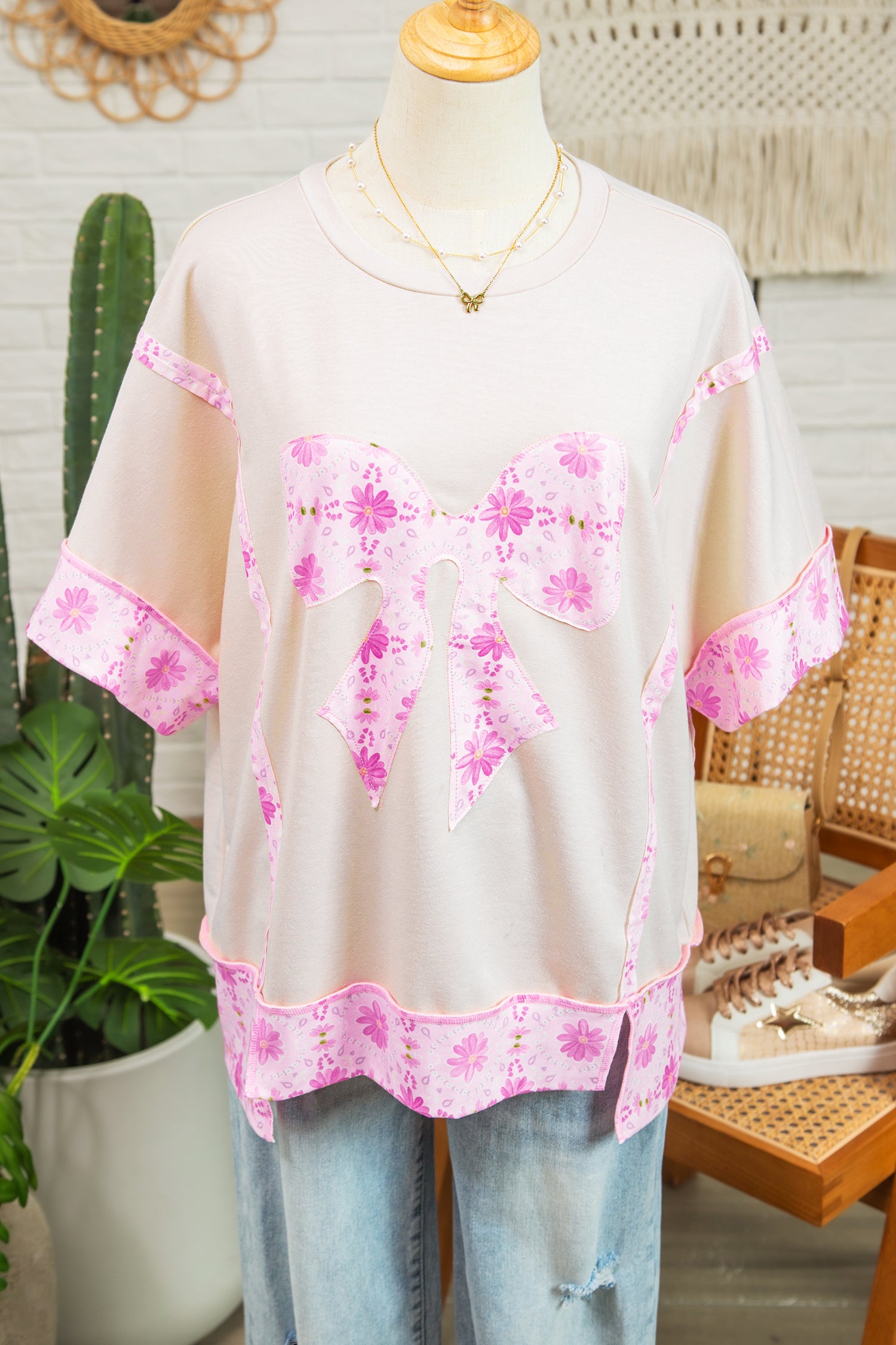 Apricot Daisy Floral Bow Contrast Patchwork Loose T Shirt-Tops/Tops & Tees-[Adult]-[Female]-2022 Online Blue Zone Planet