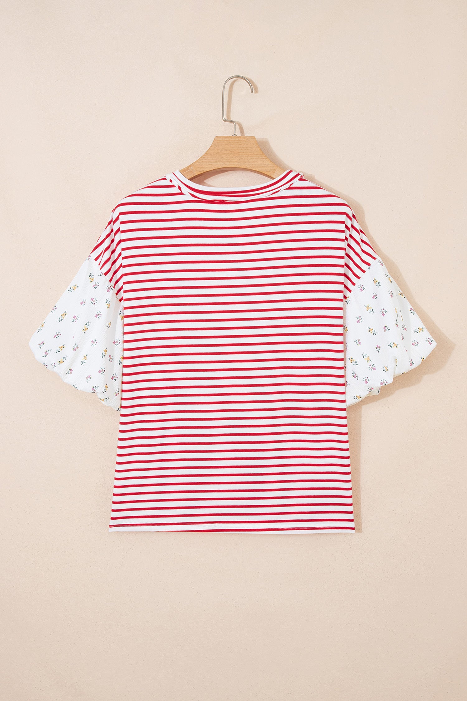 Red Stripe Floral Puff Sleeve Patchwork Round Neck Loose Top-Tops/Blouses & Shirts-[Adult]-[Female]-2022 Online Blue Zone Planet