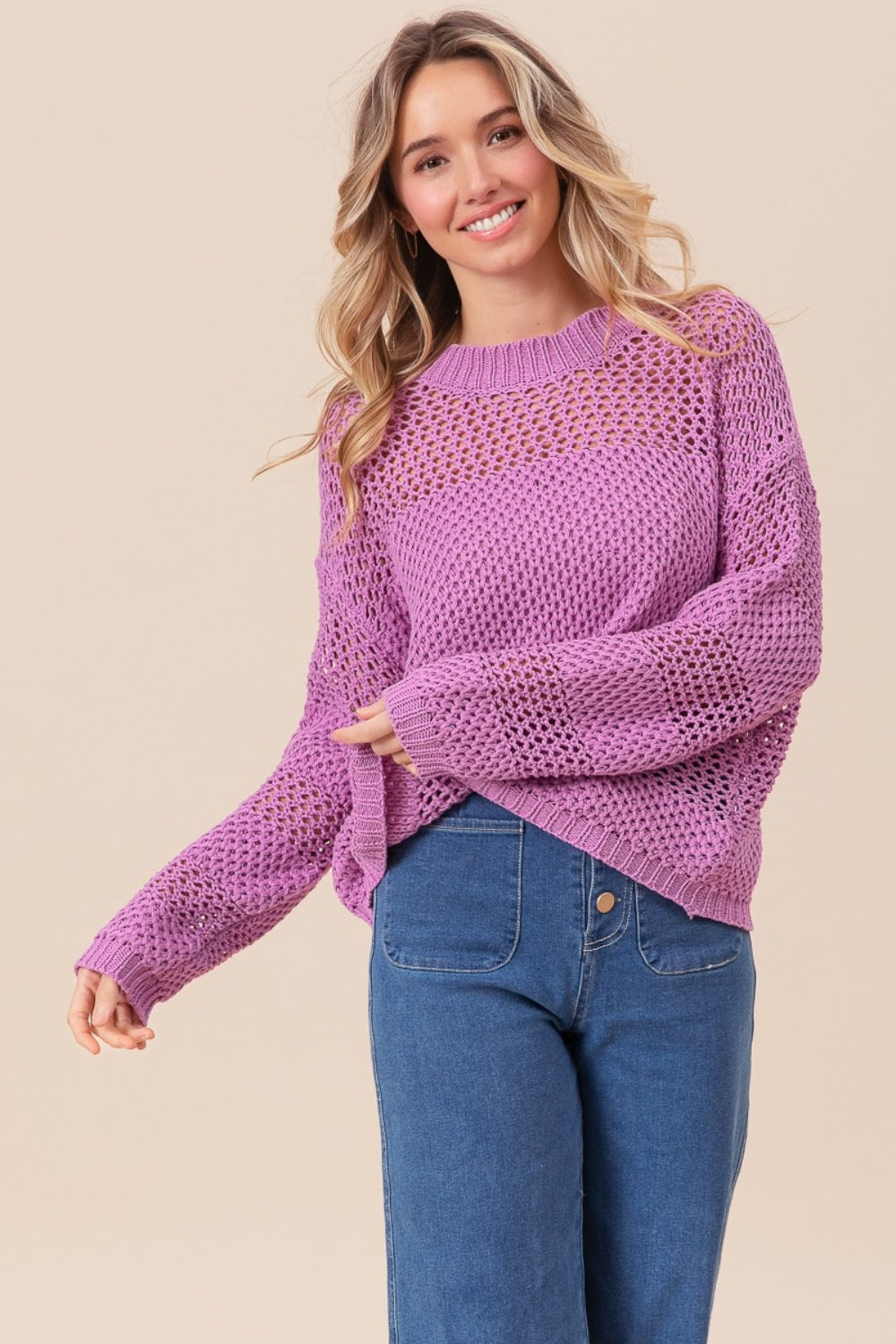 Blue Zone Planet | BiBi Openwork Long Sleeve Knit Top-TOPS / DRESSES-[Adult]-[Female]-2022 Online Blue Zone Planet