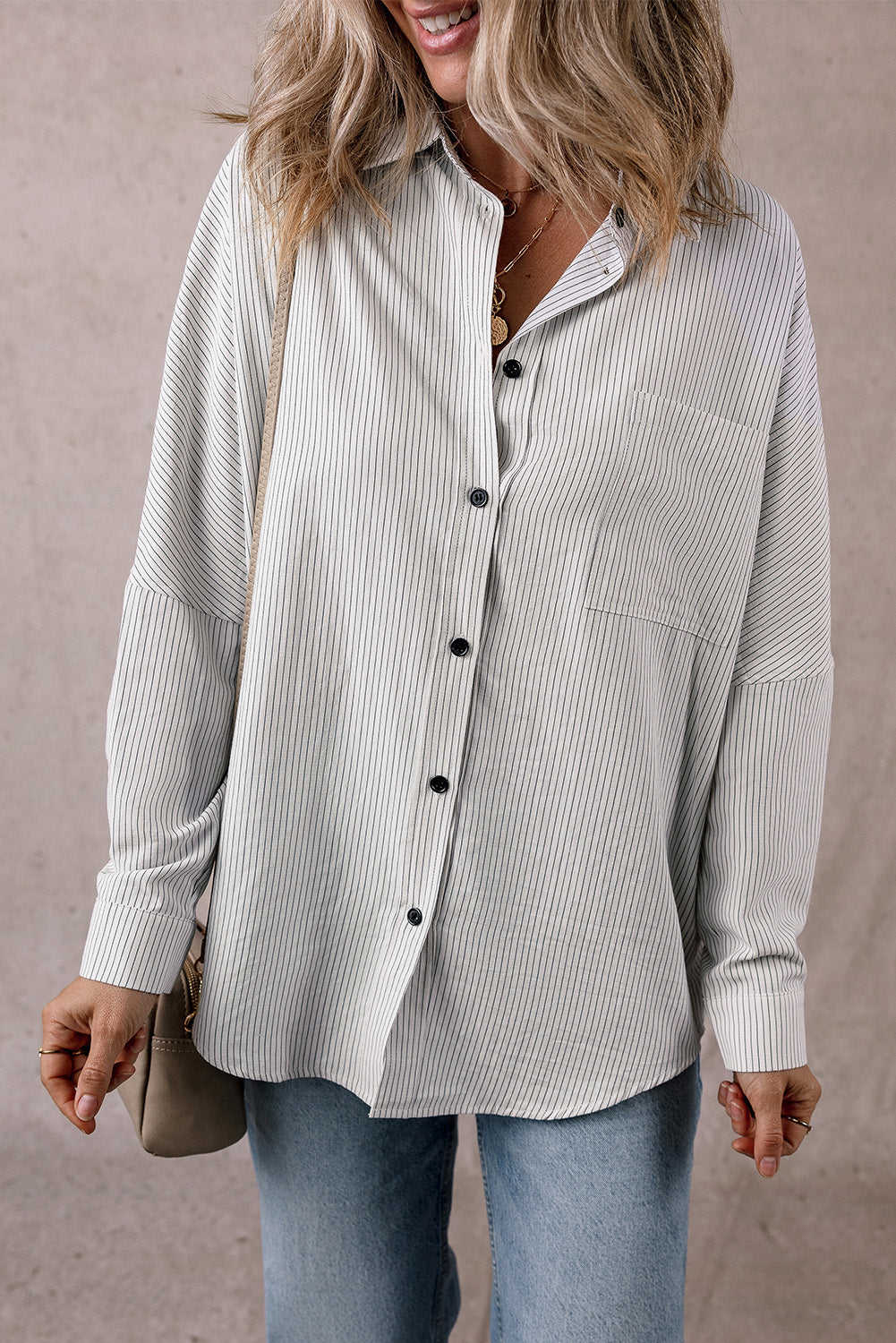 Pocketed Striped Collared Neck Long Sleeve Shirt-TOPS / DRESSES-[Adult]-[Female]-2022 Online Blue Zone Planet