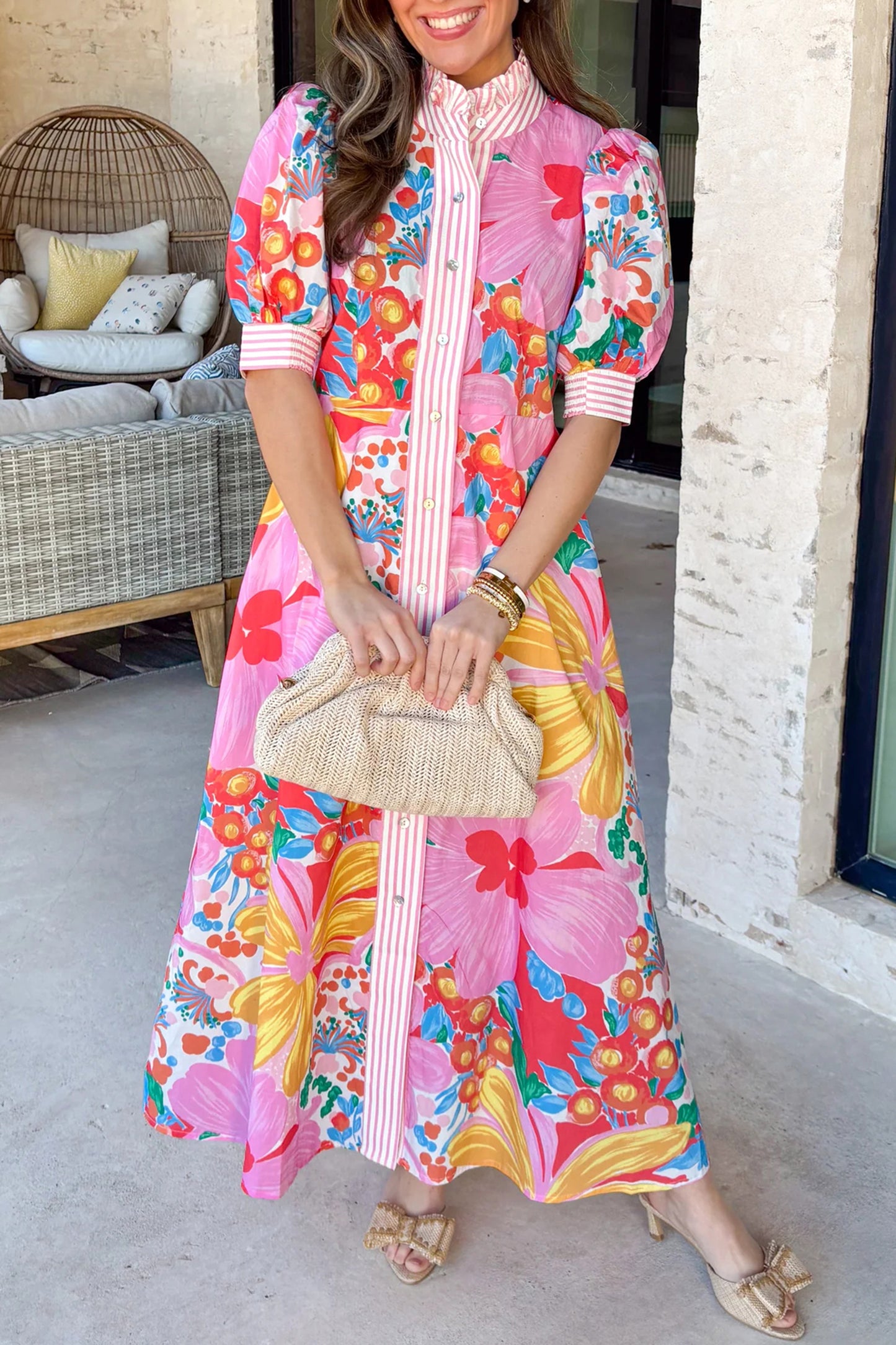 Pink Floral Print Striped Trim Button Down Short Sleeve Vacation Dress-Dresses/Floral Dresses-[Adult]-[Female]-Pink-S-2022 Online Blue Zone Planet