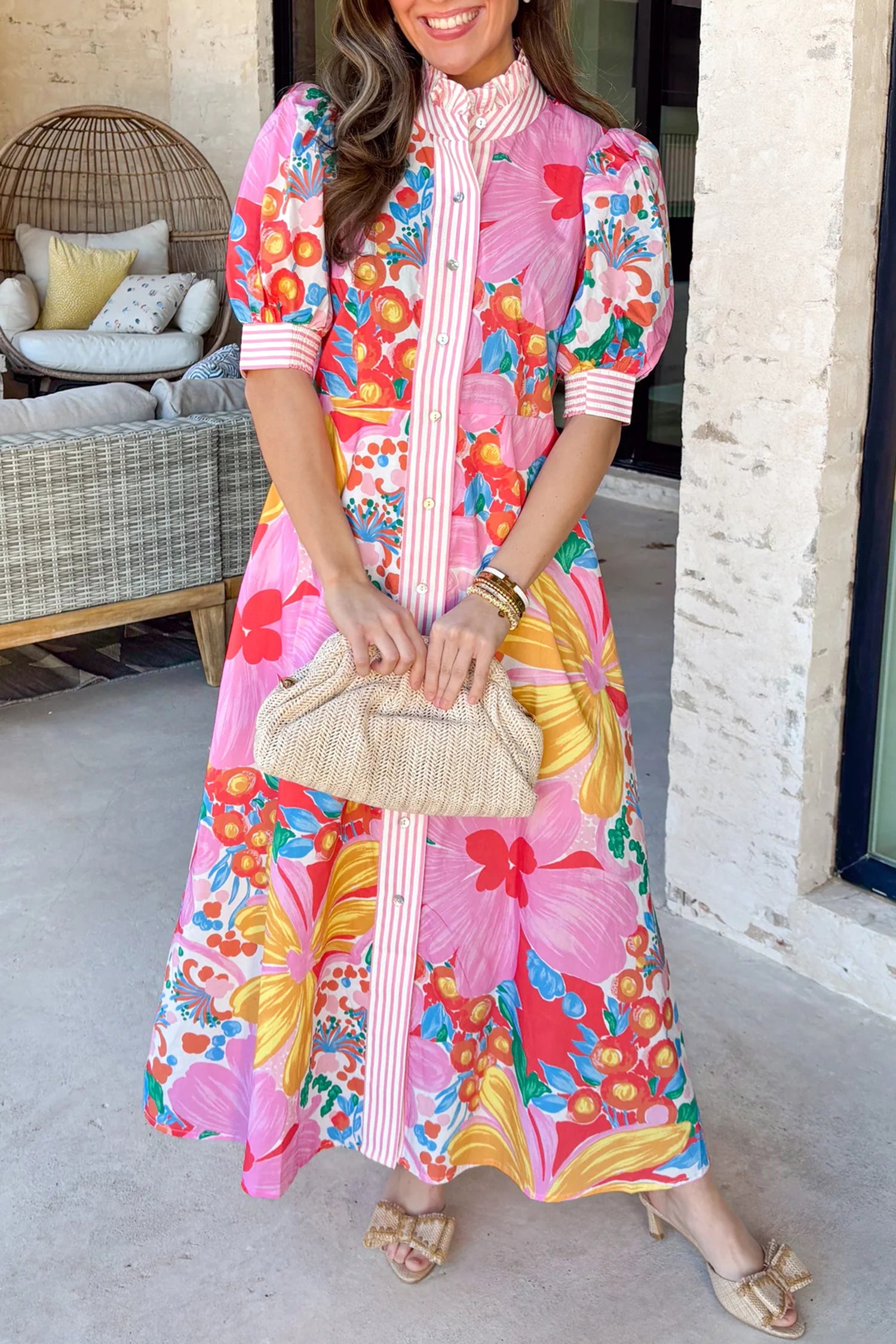 Pink Floral Print Striped Trim Button Down Short Sleeve Vacation Dress-Dresses/Floral Dresses-[Adult]-[Female]-Pink-S-2022 Online Blue Zone Planet