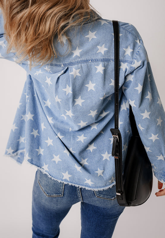 Raw Hem Star Collared Neck Denim Top-TOPS / DRESSES-[Adult]-[Female]-2022 Online Blue Zone Planet