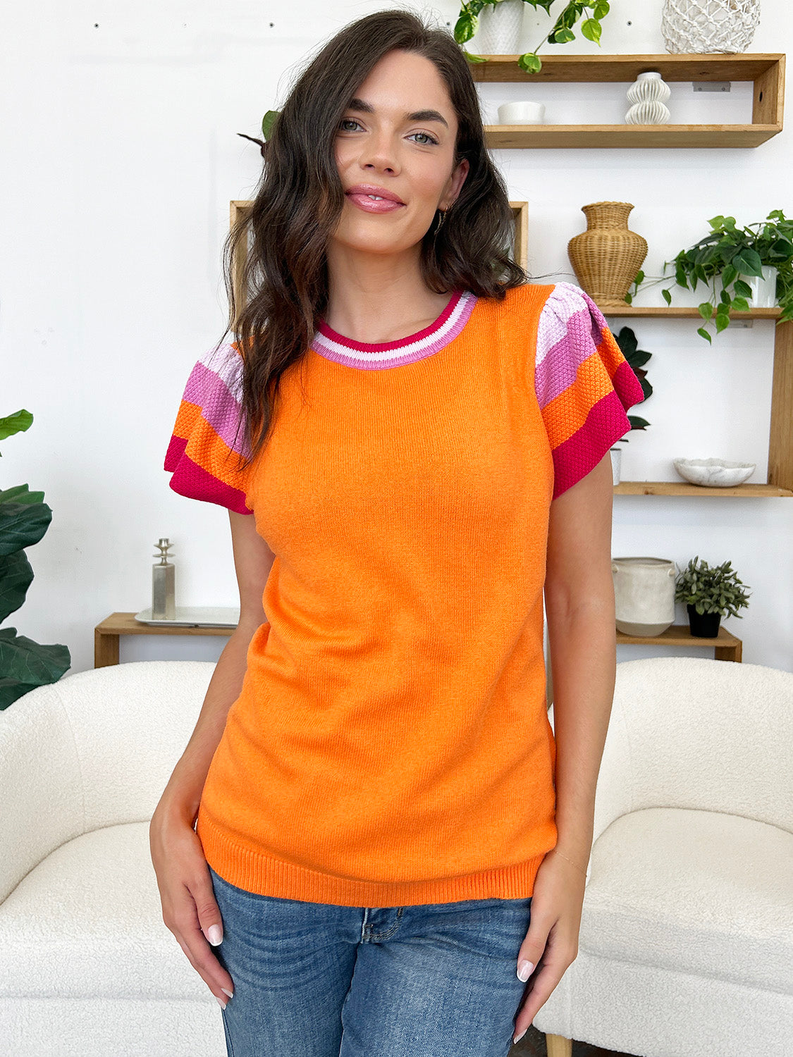 Color Block Round Neck Knit Top-TOPS / DRESSES-[Adult]-[Female]-Orange-S-2022 Online Blue Zone Planet