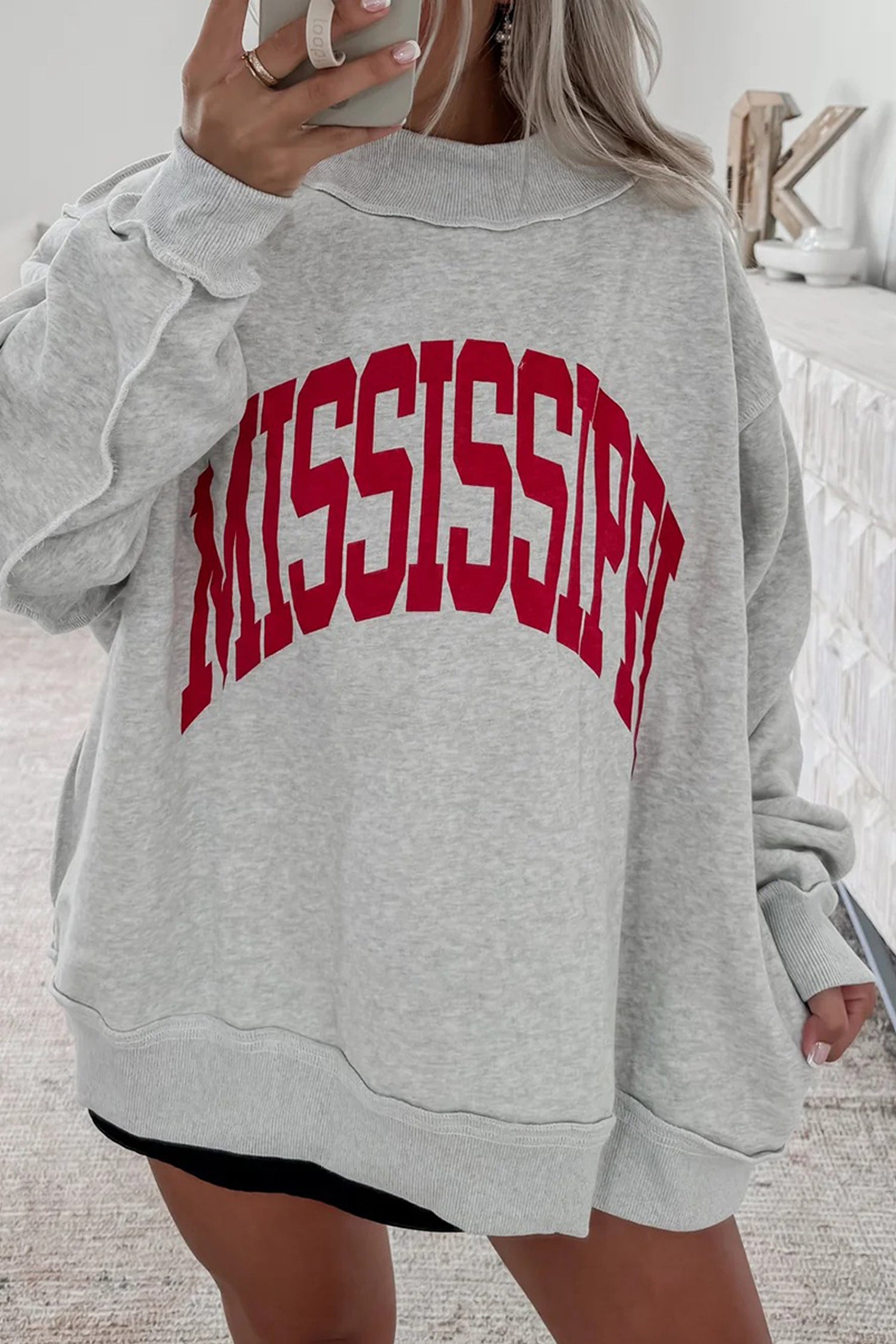 Light Grey AL Reversible Printed Ribbed Patchwork Mock Neck Sweatshirt-Graphic/Graphic Sweatshirts-[Adult]-[Female]-2022 Online Blue Zone Planet