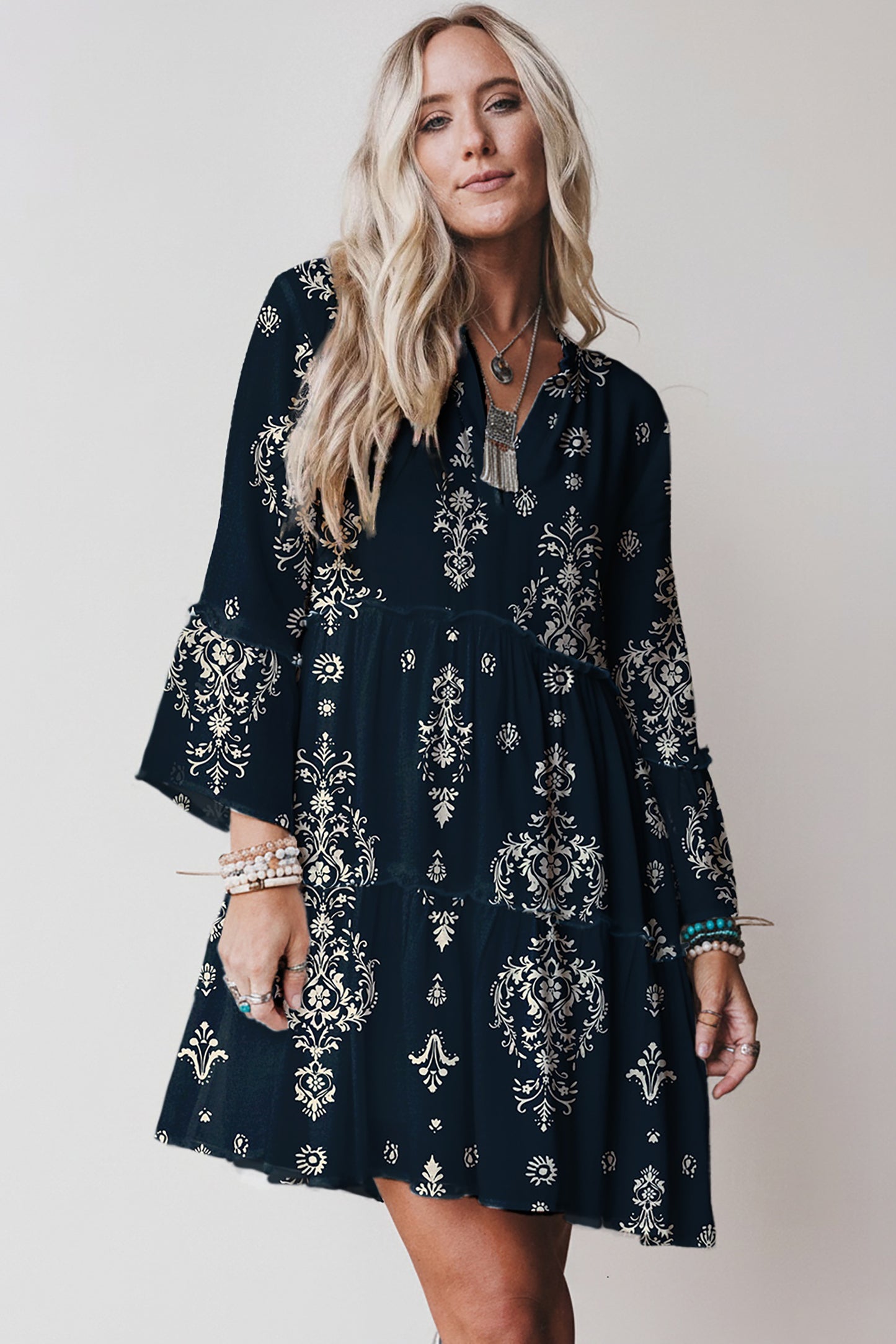 Blue Boho Floral Print Lettuce Trim 3/4 Sleeve Mini Dress-TOPS / DRESSES-[Adult]-[Female]-2022 Online Blue Zone Planet