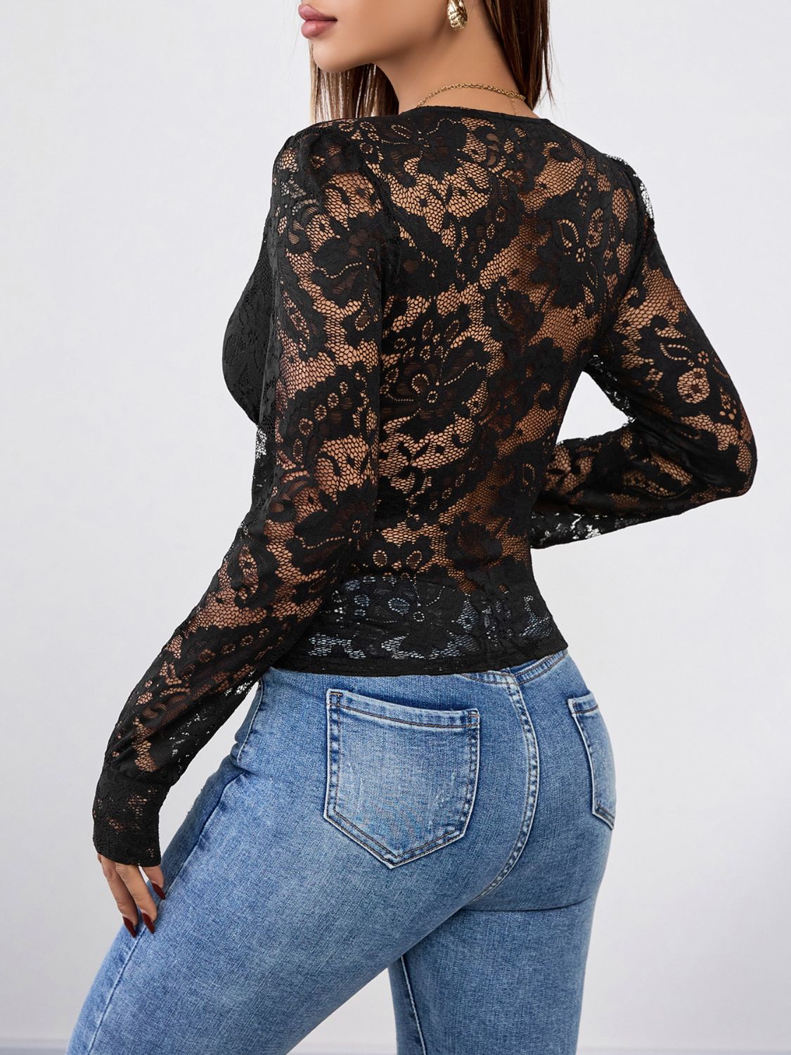 Perfee V-Neck Long Sleeve Lace Top-TOPS / DRESSES-[Adult]-[Female]-2022 Online Blue Zone Planet