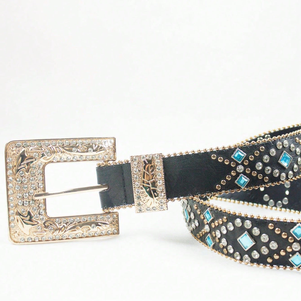 Rhinestone PU Leather Belt-BELTS-[Adult]-[Female]-2022 Online Blue Zone Planet