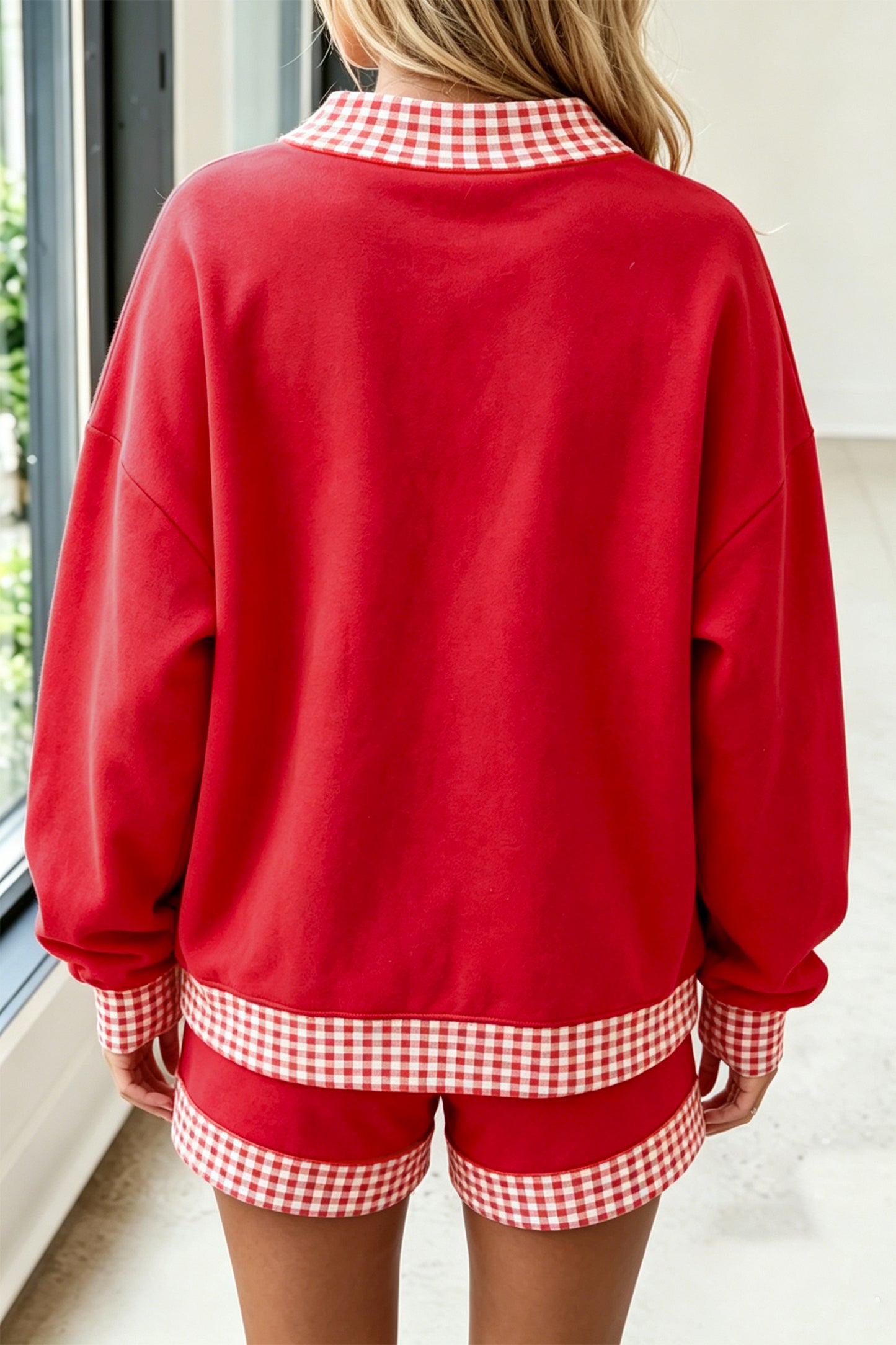 Fiery Red Gingham Trim Baggy Pullover 2pcs Short Set-Two Piece Sets/Short Sets-[Adult]-[Female]-2022 Online Blue Zone Planet