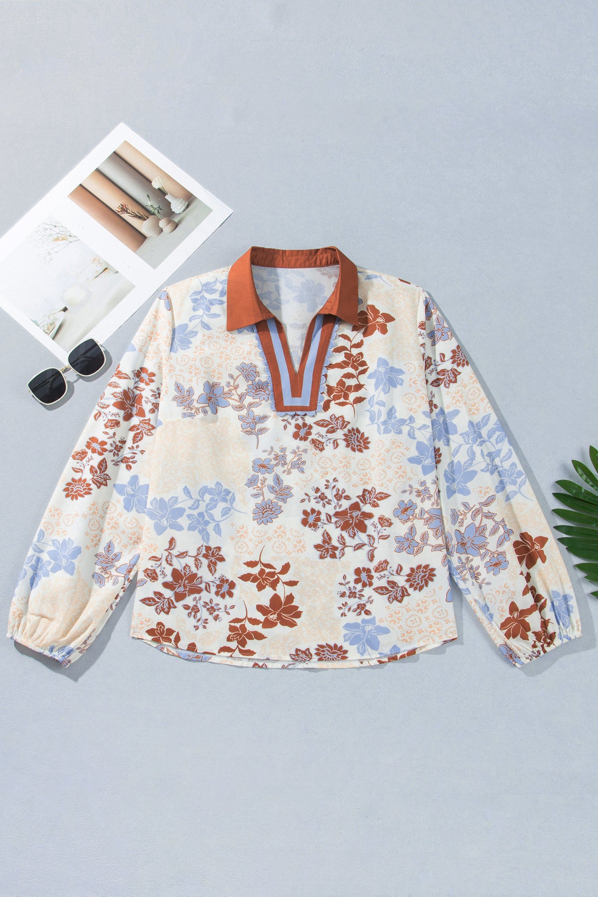 White Plus Size Floral Print Contrast Collar V Neck Long Sleeve Blouse-Plus Size/Plus Size Tops/Plus Size Blouses & Shirts-[Adult]-[Female]-2022 Online Blue Zone Planet