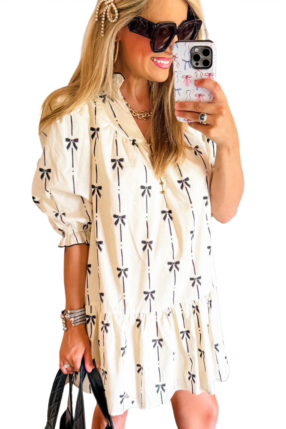 Blue Zone Planet | Beige Cute Bowknot Printed Bubble Sleeve V Neck Mini Dress-TOPS / DRESSES-[Adult]-[Female]-2022 Online Blue Zone Planet