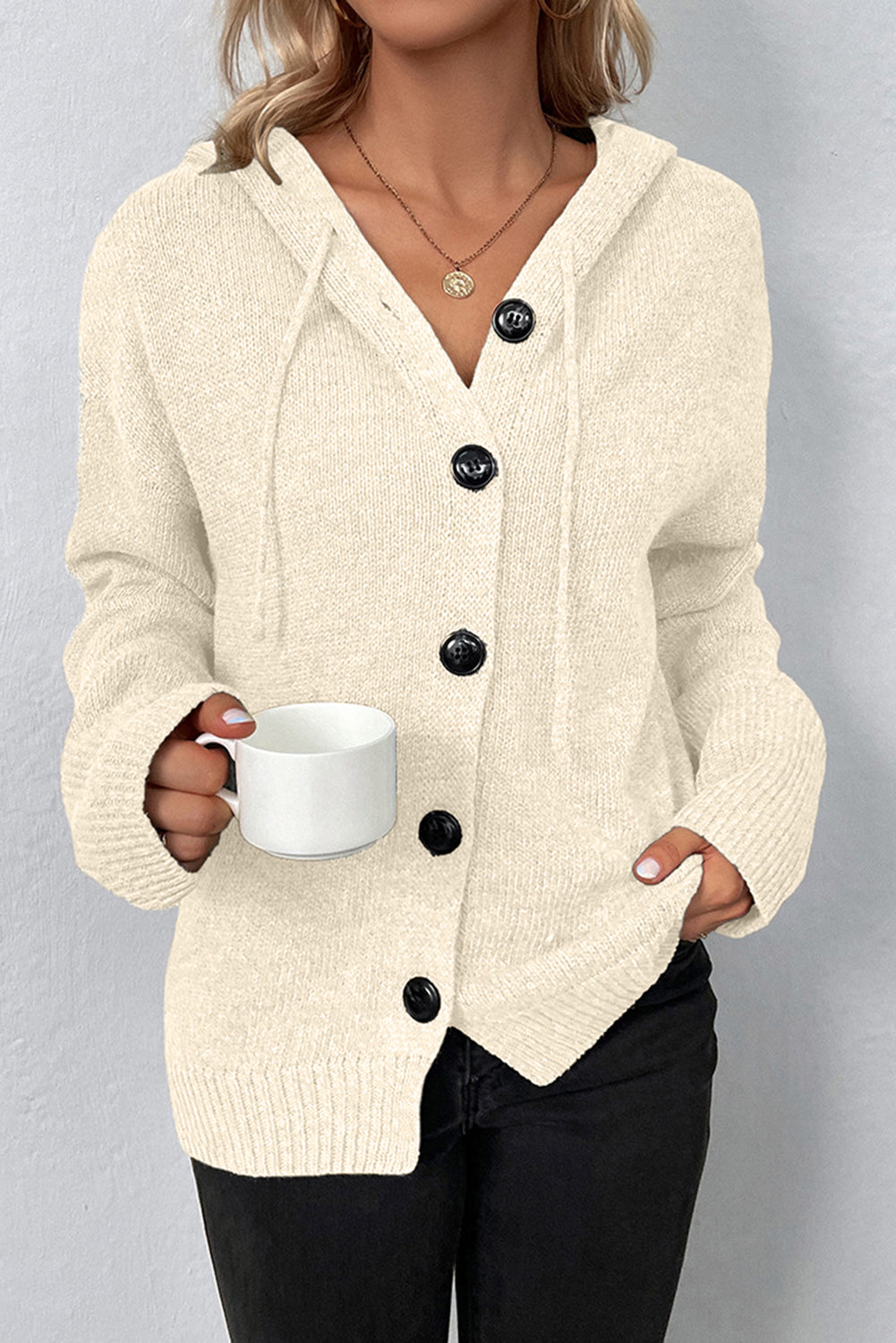 Medium Grey Drawstring Hooded Button Up Drop Shoulder Sweater Cardigan-Tops / Dresses-[Adult]-[Female]-2022 Online Blue Zone Planet