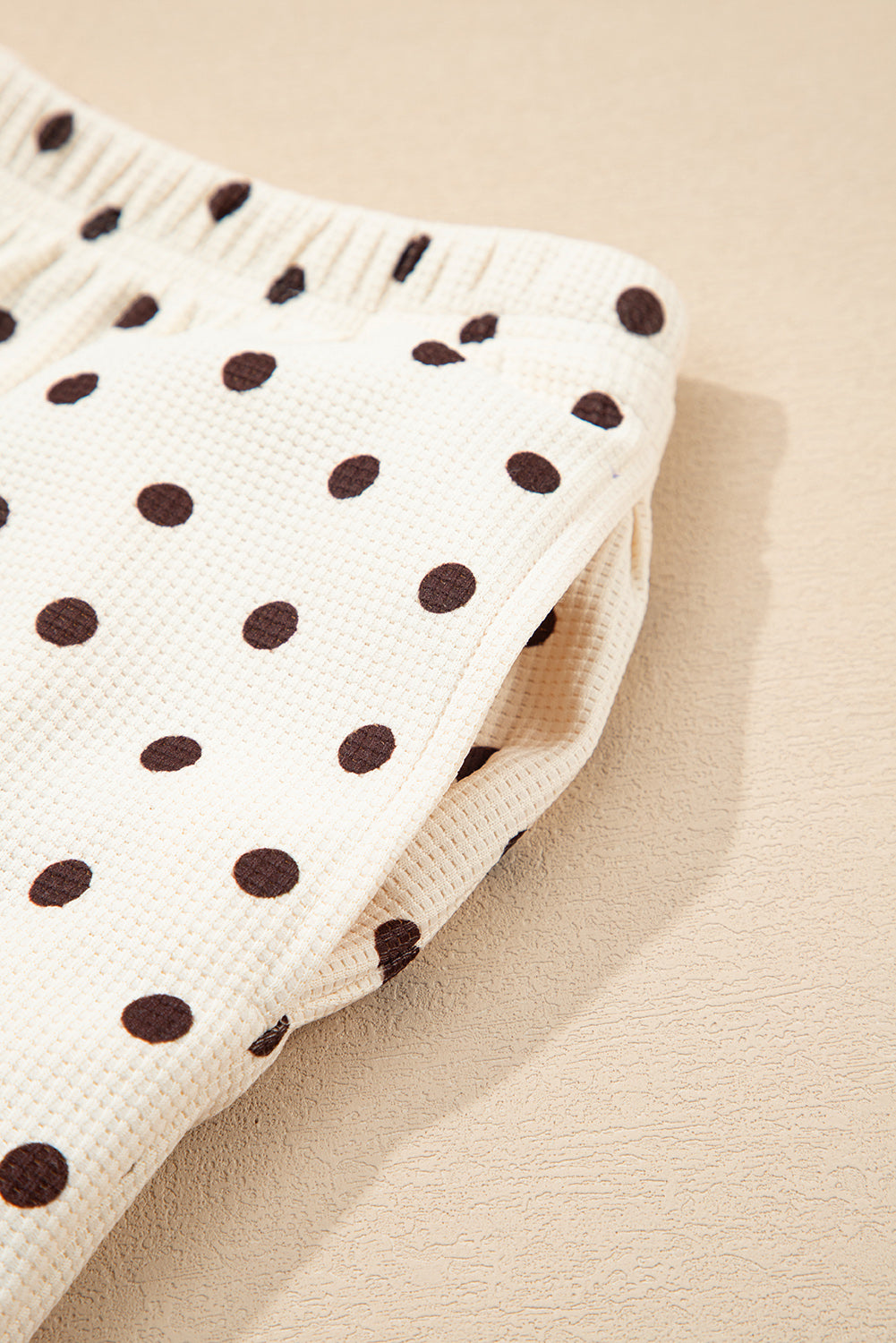 White Polka Dot Print Notched Neck Long Sleeve Top Drawstring Jogger Pants Waffle Knit Lounge Set-Loungewear & Sleepwear/Loungewear-[Adult]-[Female]-2022 Online Blue Zone Planet