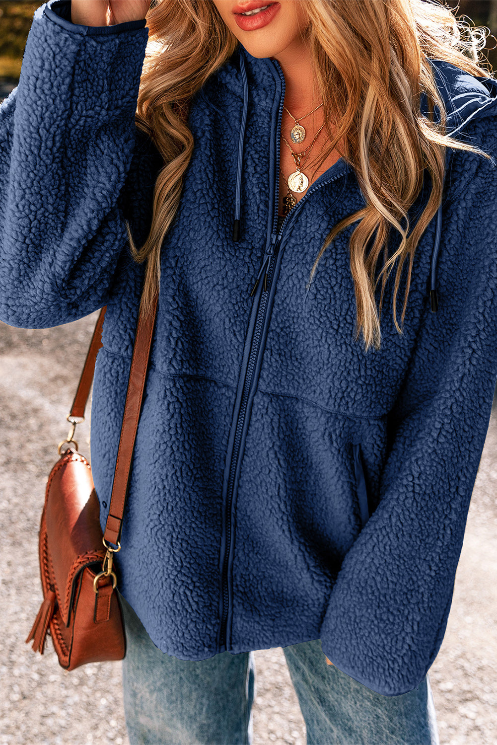 Navy Blue Fleece Zip Up Drawstring Hooded Pocketed Jacket-Tops / Dresses-[Adult]-[Female]-2022 Online Blue Zone Planet