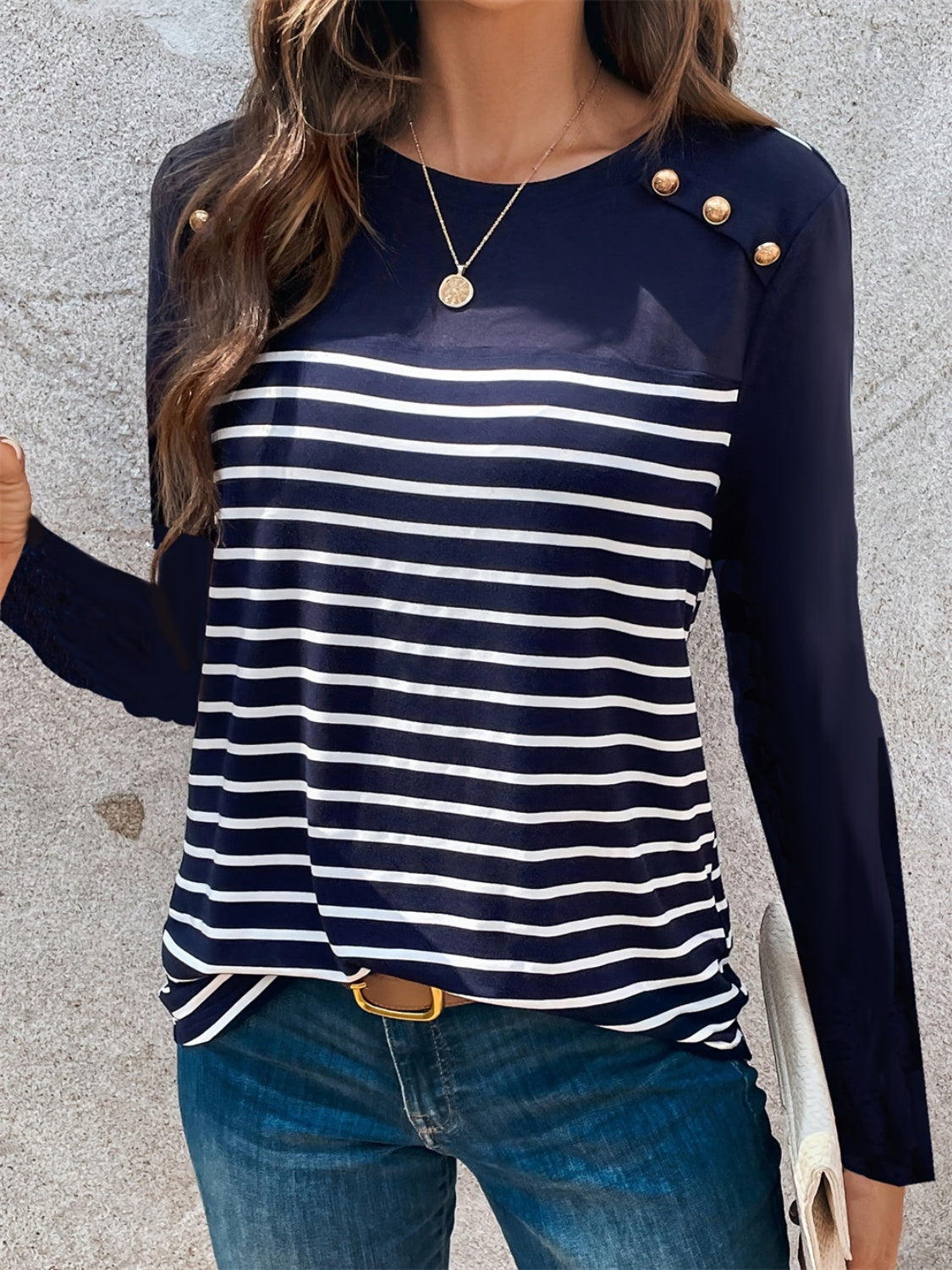 Blue Zone Planet | Decorative Button Striped Round Neck Long Sleeve T-Shirt-TOPS / DRESSES-[Adult]-[Female]-2022 Online Blue Zone Planet