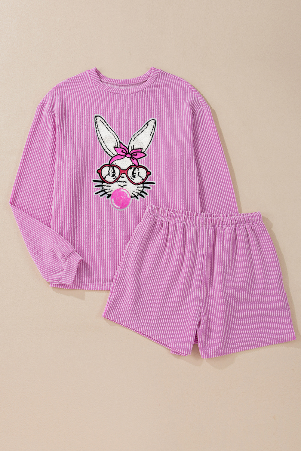 Phalaenopsis Corded Bubble Gum Rabbit Sequin Graphic Top and Shorts Set-Graphic Apparel-[Adult]-[Female]-2022 Online Blue Zone Planet