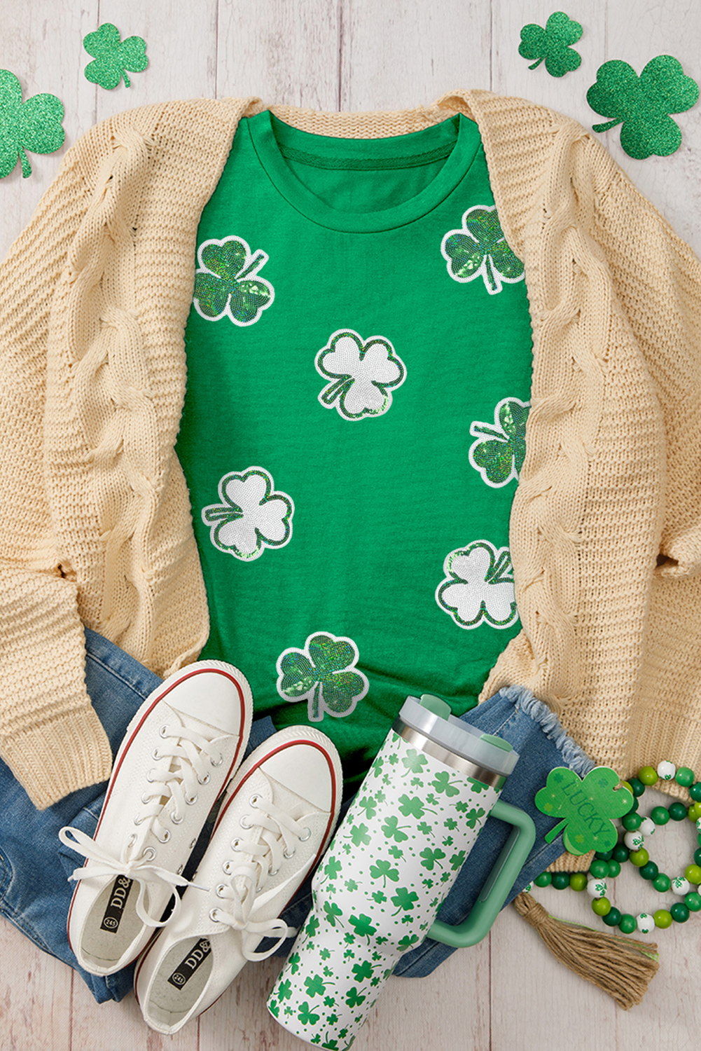 Bright Green St Patricks Sequined Clover Pattern T Shirt-Graphic/Graphic Tees-[Adult]-[Female]-2022 Online Blue Zone Planet