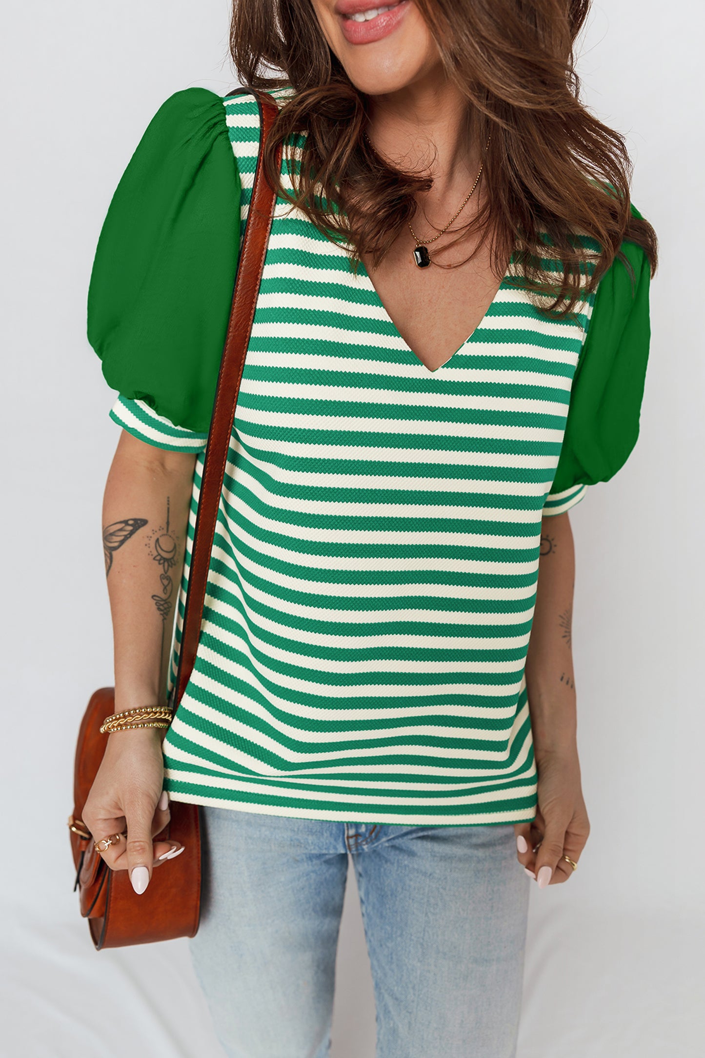 Green Stripe Puff Short Sleeve Patchwork V Neck Blouse-Tops/Blouses & Shirts-[Adult]-[Female]-2022 Online Blue Zone Planet