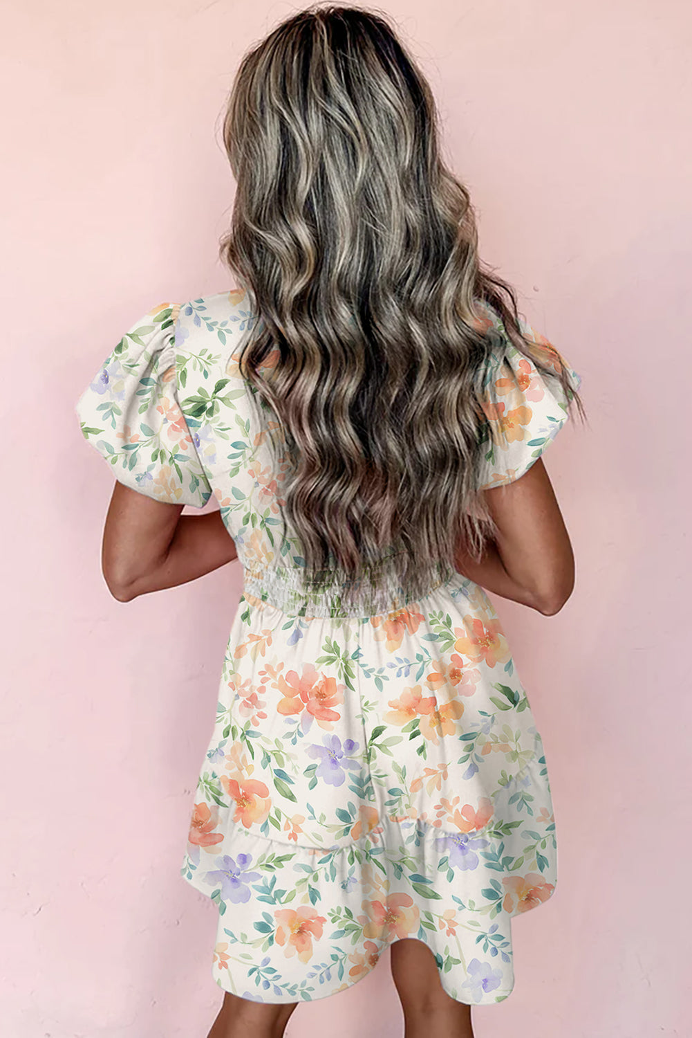Beige Floral Print Shirred High Waist Puff Sleeve Mini Dress-TOPS / DRESSES-[Adult]-[Female]-2022 Online Blue Zone Planet