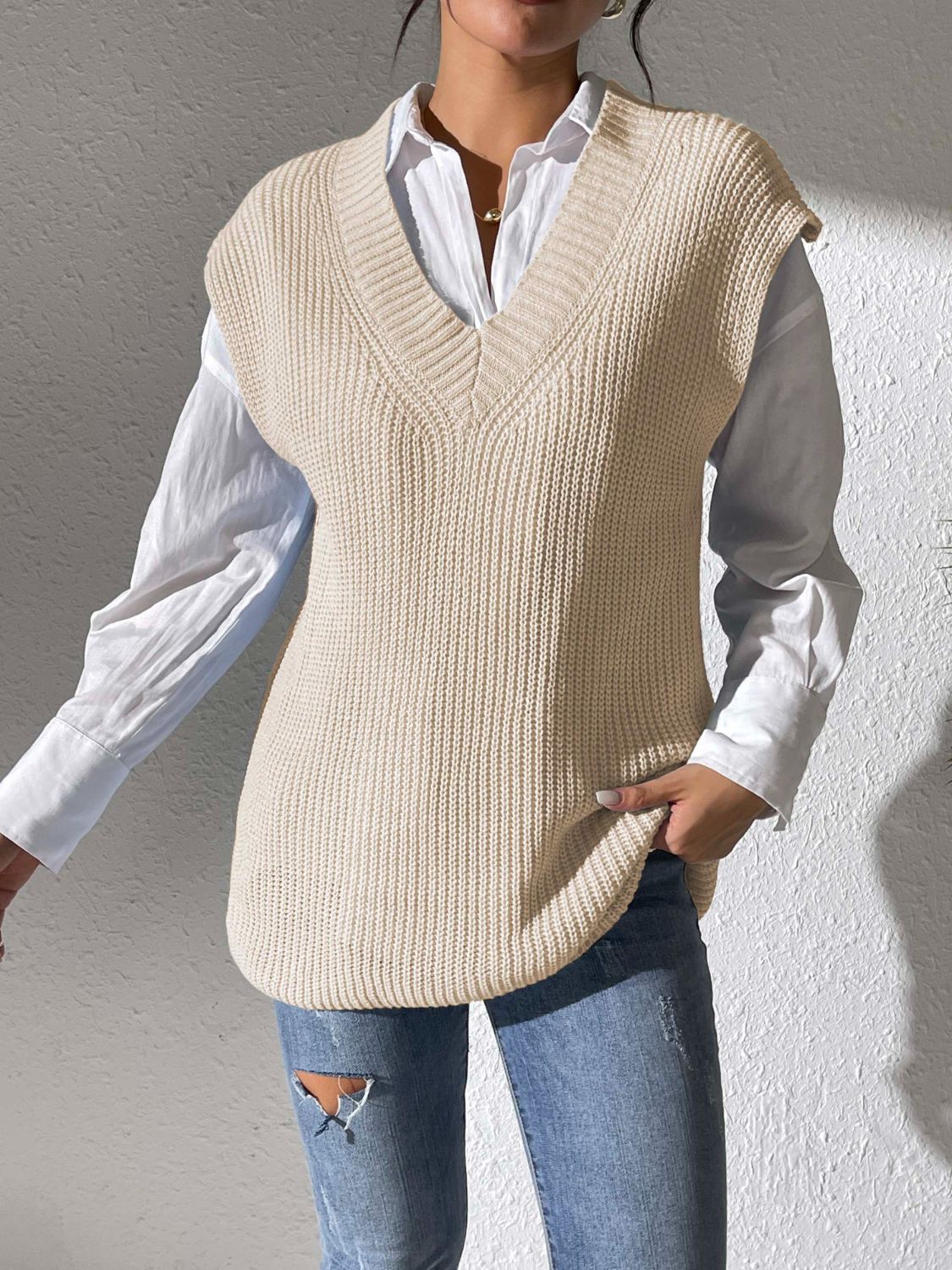 Blue Zone Planet | V-Neck Sweater Vest-TOPS / DRESSES-[Adult]-[Female]-Beige-One Size-2022 Online Blue Zone Planet