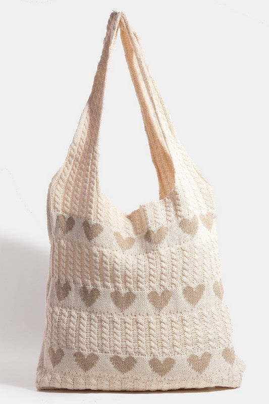 Fame Contrast Heart Crochet Tote Bag-HANDBAGS-[Adult]-[Female]-Khaki-One Size-2022 Online Blue Zone Planet