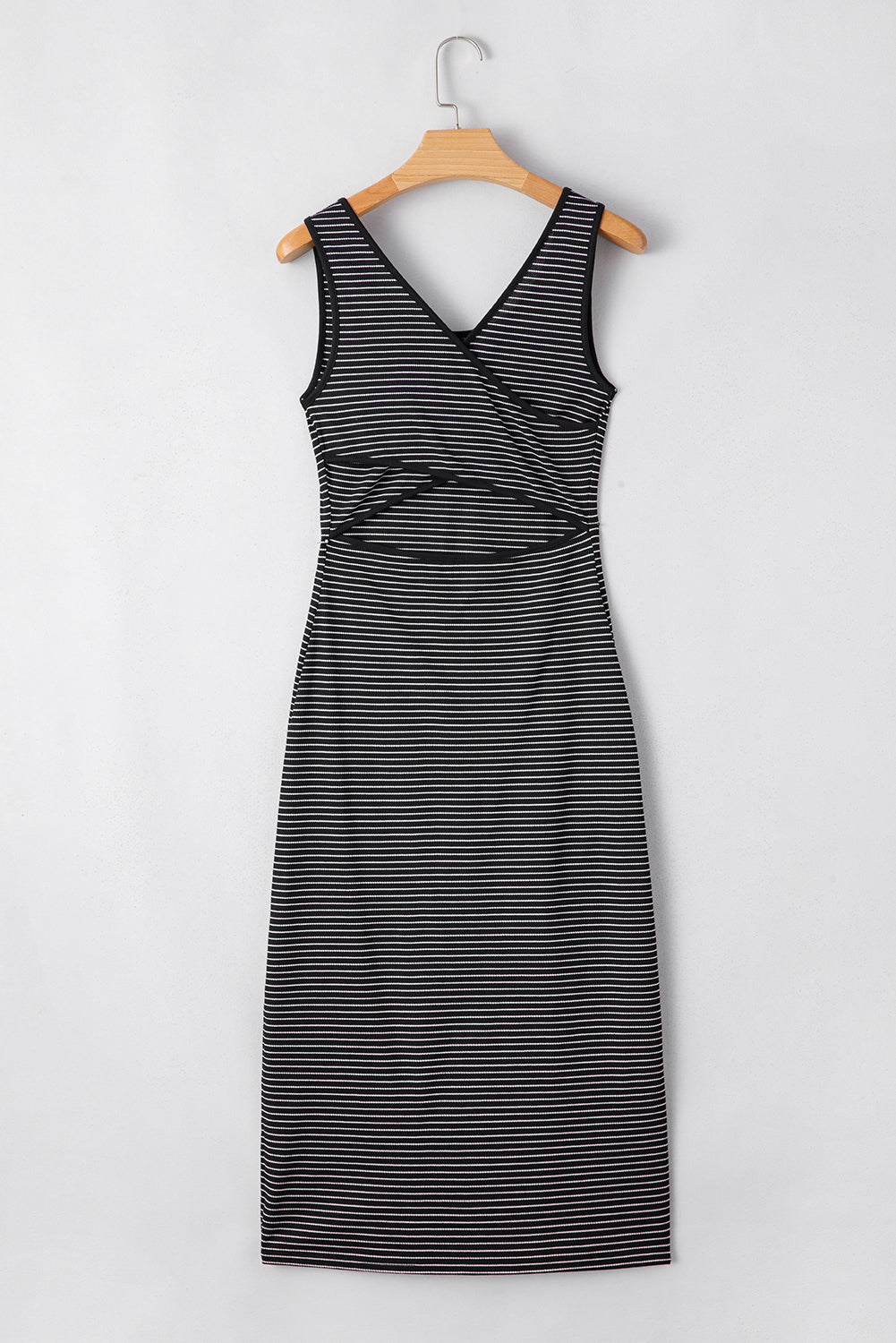 Black Stripe Criss Cross Side Slits Slim Fit Sleeveless Midi Dress-Dresses/Midi Dresses-[Adult]-[Female]-2022 Online Blue Zone Planet