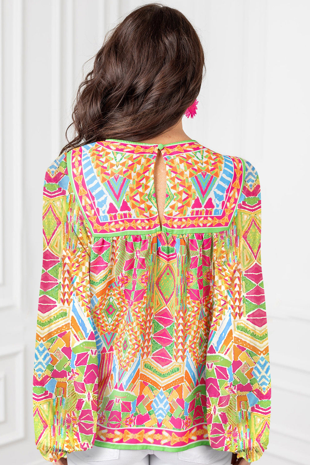 Orange Geometric Print Long Sleeve Keyhole Back Blouse-Tops/Blouses & Shirts-[Adult]-[Female]-2022 Online Blue Zone Planet