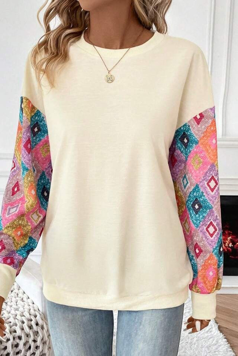 Apricot Geometric Printed Patchwork Long Sleeve Round Neck Top-Tops/Long Sleeve Tops-[Adult]-[Female]-2022 Online Blue Zone Planet