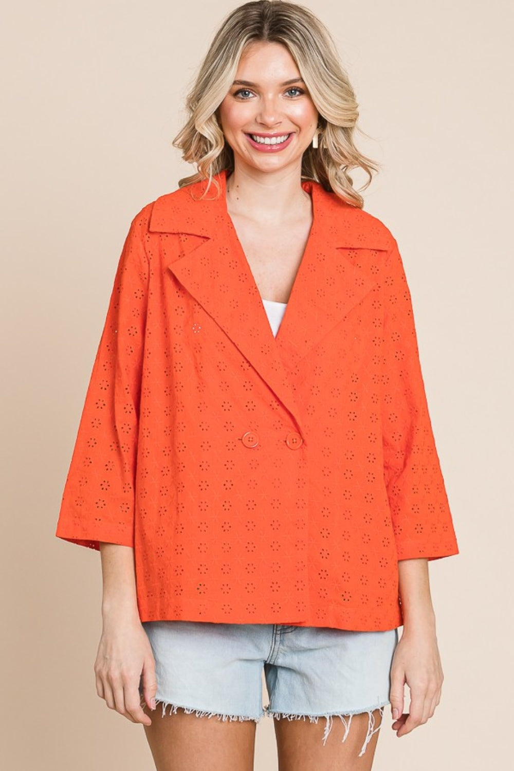 Blue Zone Planet | Culture Code Double Breasted Eyelet Jacket with Pockets-TOPS / DRESSES-[Adult]-[Female]-New Orange-S-2022 Online Blue Zone Planet