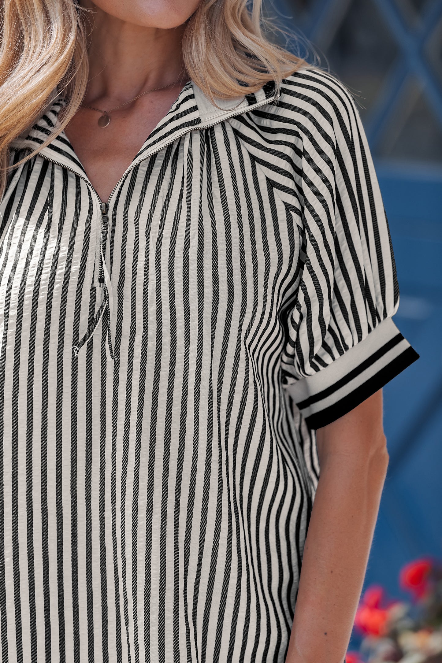 Black Stripe Polo Collar Half Zip Short Puff Sleeve Blouse-Tops/Blouses & Shirts-[Adult]-[Female]-2022 Online Blue Zone Planet