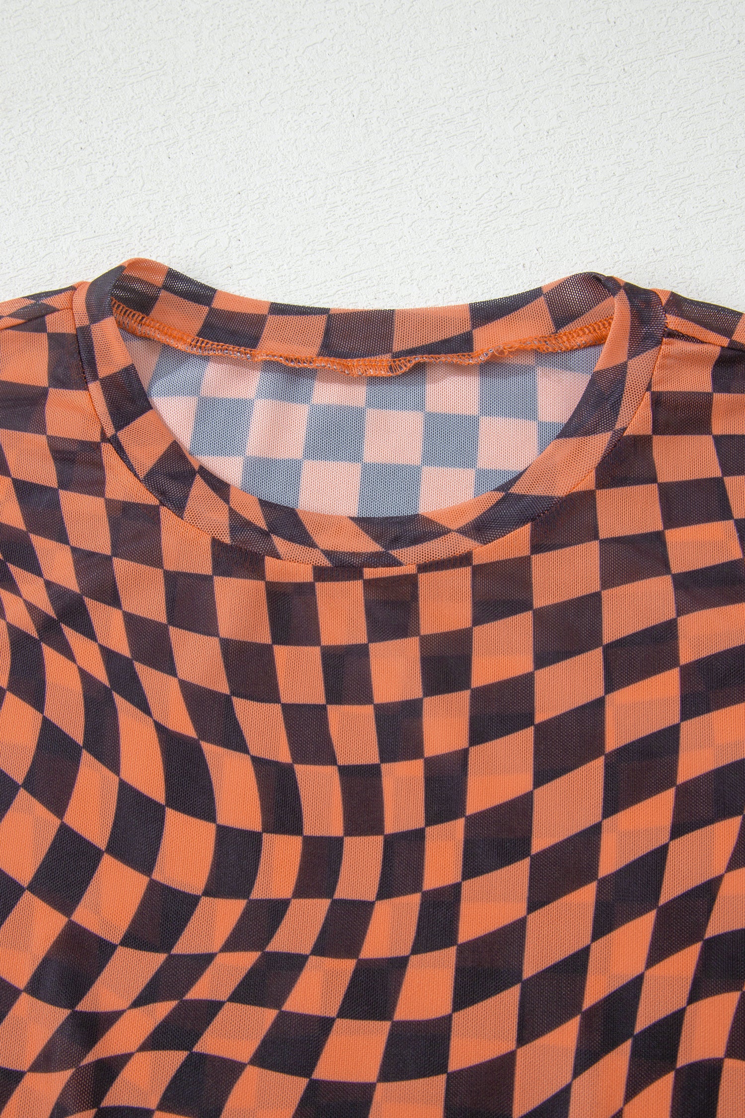 Orange Checkered Print Crew Neck Mesh T Shirt-Tops/Tops & Tees-[Adult]-[Female]-2022 Online Blue Zone Planet