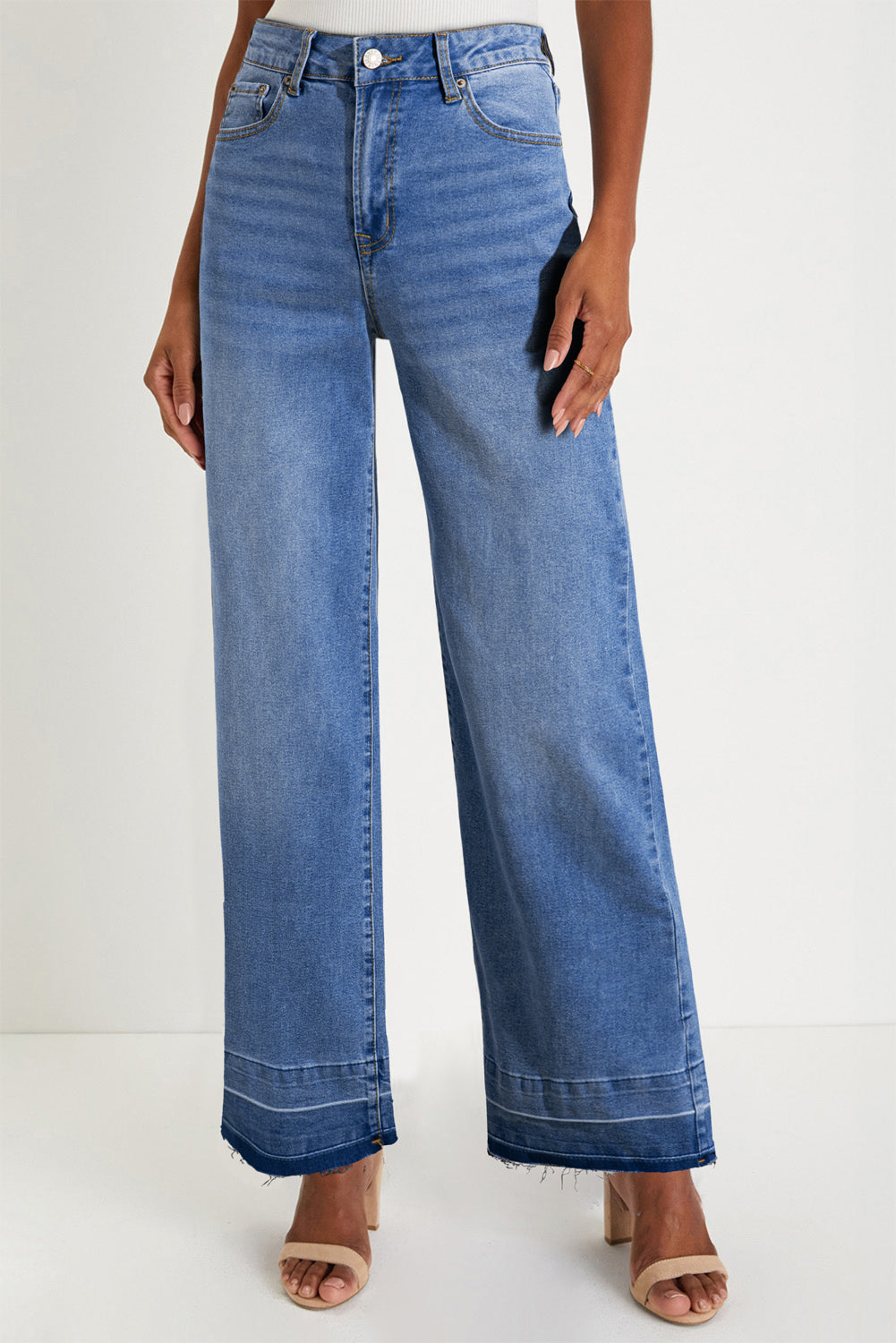 Dusk Blue Raw Hem Unique Cuffs Straight High Rise Loose Jeans-Bottoms/Jeans-[Adult]-[Female]-Dusk Blue-4-2022 Online Blue Zone Planet