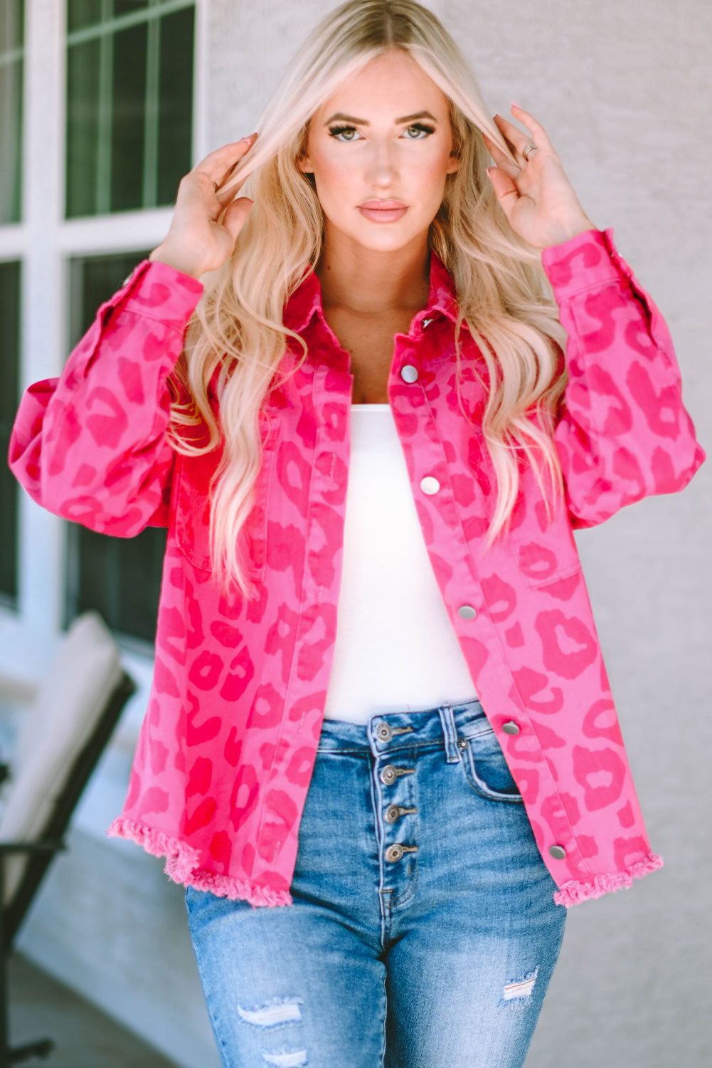 Pink Leopard Print Button Cuffs Raw Hem Jacket-Sale (50% OFF)/30% OFF-[Adult]-[Female]-2022 Online Blue Zone Planet