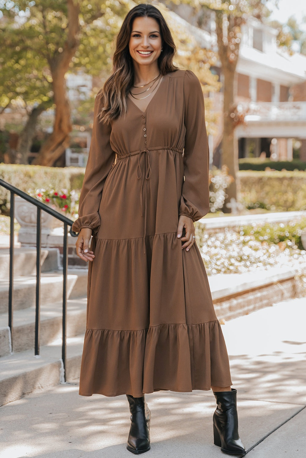 Chestnut Solid Long Sleeve Button V Neck Tiered Maxi Dress-Dresses/Maxi Dresses-[Adult]-[Female]-2022 Online Blue Zone Planet