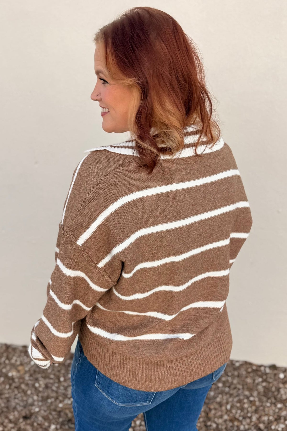 Brown Stripe Striped V Neck Long Sleeve Shift Plus Size Sweater