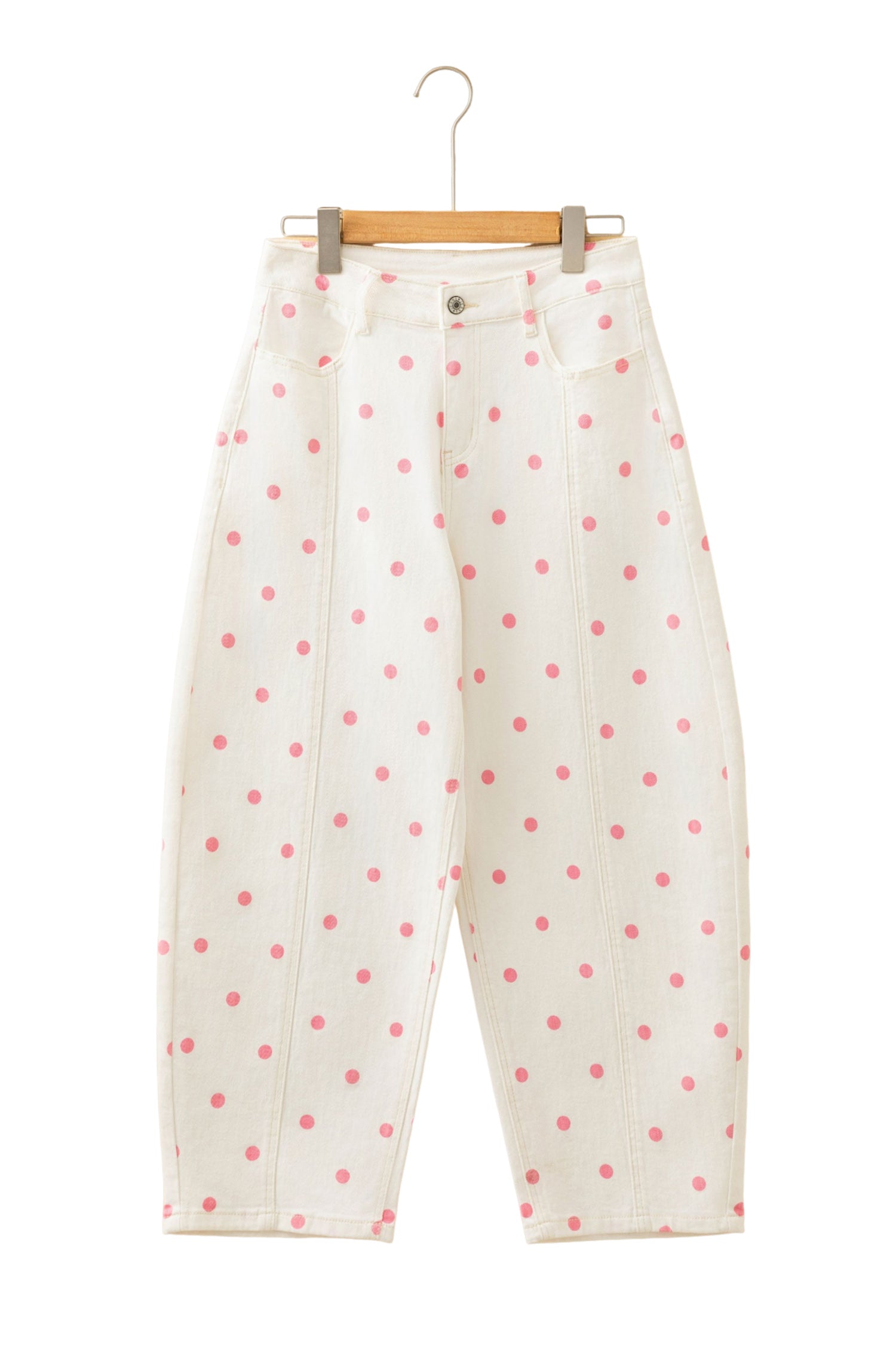 Pink Polka Dot Print Seam Detail Barrel Jeans-Bottoms/Jeans-[Adult]-[Female]-2022 Online Blue Zone Planet