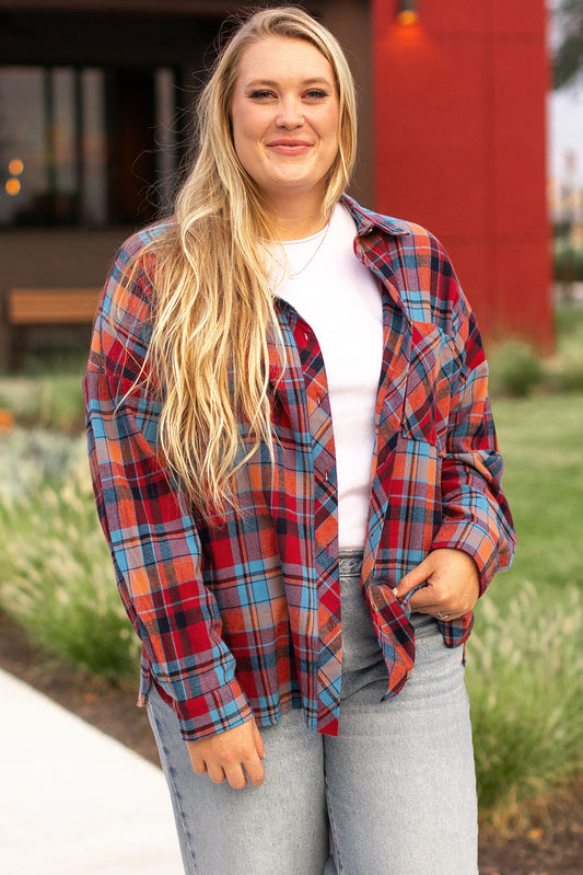 Red Plus Size Plaid Print Buttoned Shirt-Plus Size/Plus Size Tops/Plus Size Blouses & Shirts-[Adult]-[Female]-Red-1X-2022 Online Blue Zone Planet