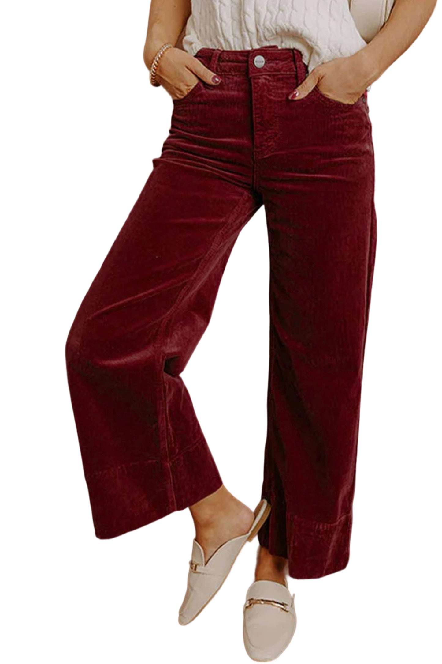 Burgundy Corduroy Solid Color High Waist Wide Leg Pants-Bottoms/Pants & Culotte-[Adult]-[Female]-2022 Online Blue Zone Planet