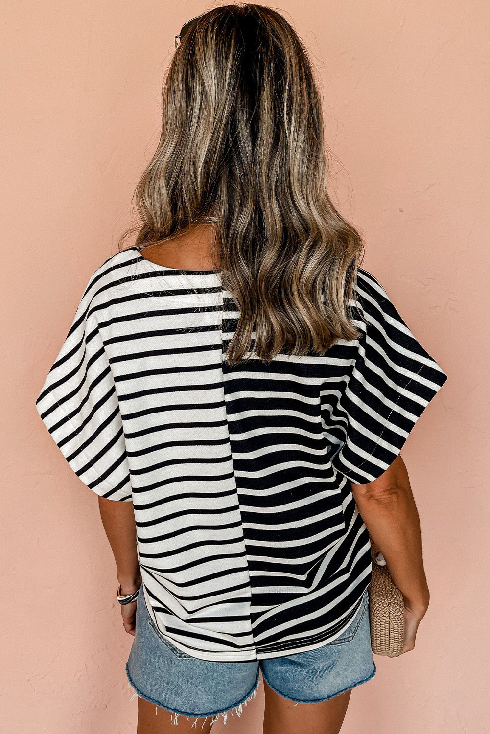 Black Stripe Two Tone Colorblock V Neck T Shirt-Tops/Tops & Tees-[Adult]-[Female]-2022 Online Blue Zone Planet