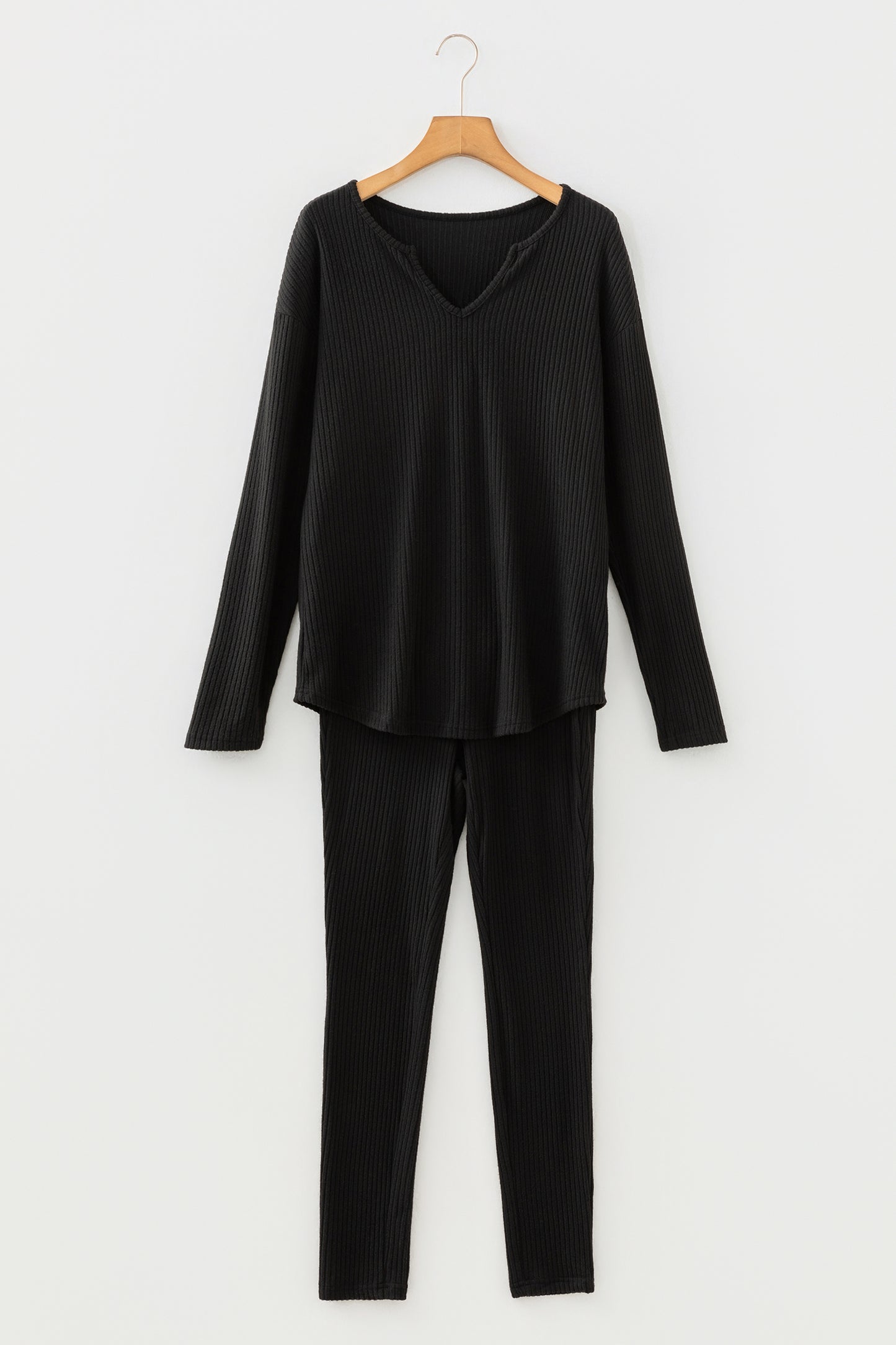 Black Ribbed Notched Neck Knit Long Sleeve Leggings Two Pieces Lounge Set-Loungewear & Sleepwear/Loungewear-[Adult]-[Female]-2022 Online Blue Zone Planet