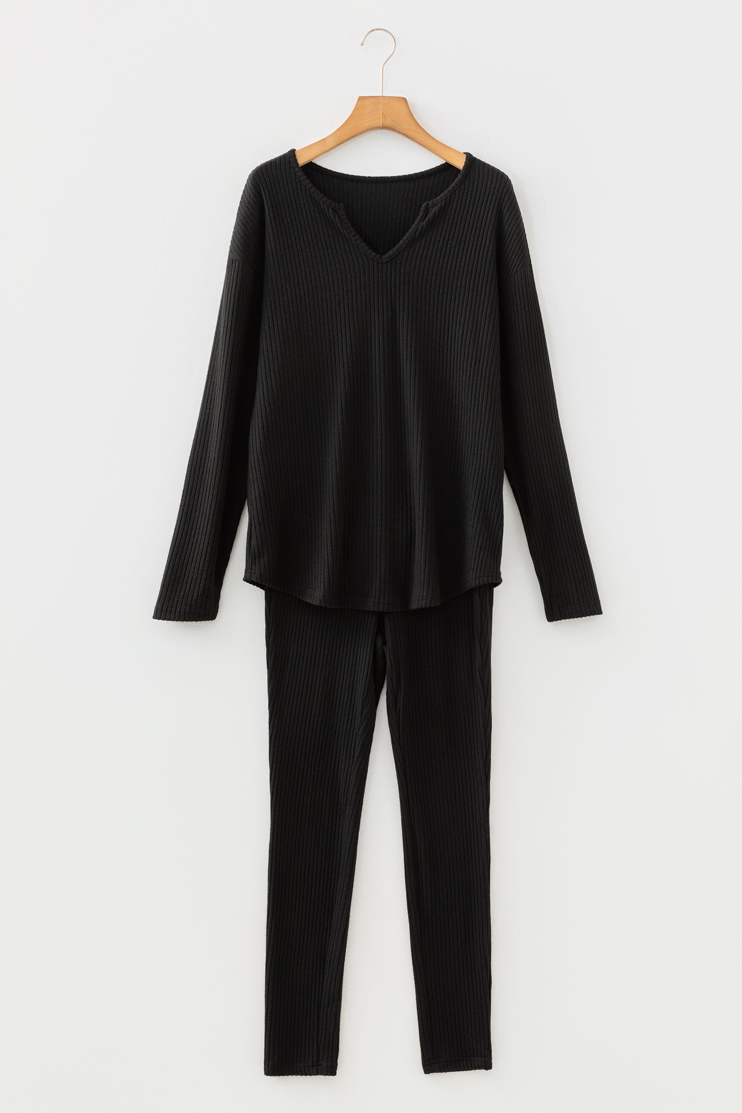 Black Ribbed Notched Neck Knit Long Sleeve Leggings Two Pieces Lounge Set-Loungewear & Sleepwear/Loungewear-[Adult]-[Female]-2022 Online Blue Zone Planet