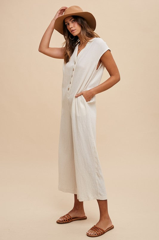 Annie Wear Button Detail Wide Leg Jumpsuit with Pockets-TOPS / DRESSES-[Adult]-[Female]-2022 Online Blue Zone Planet