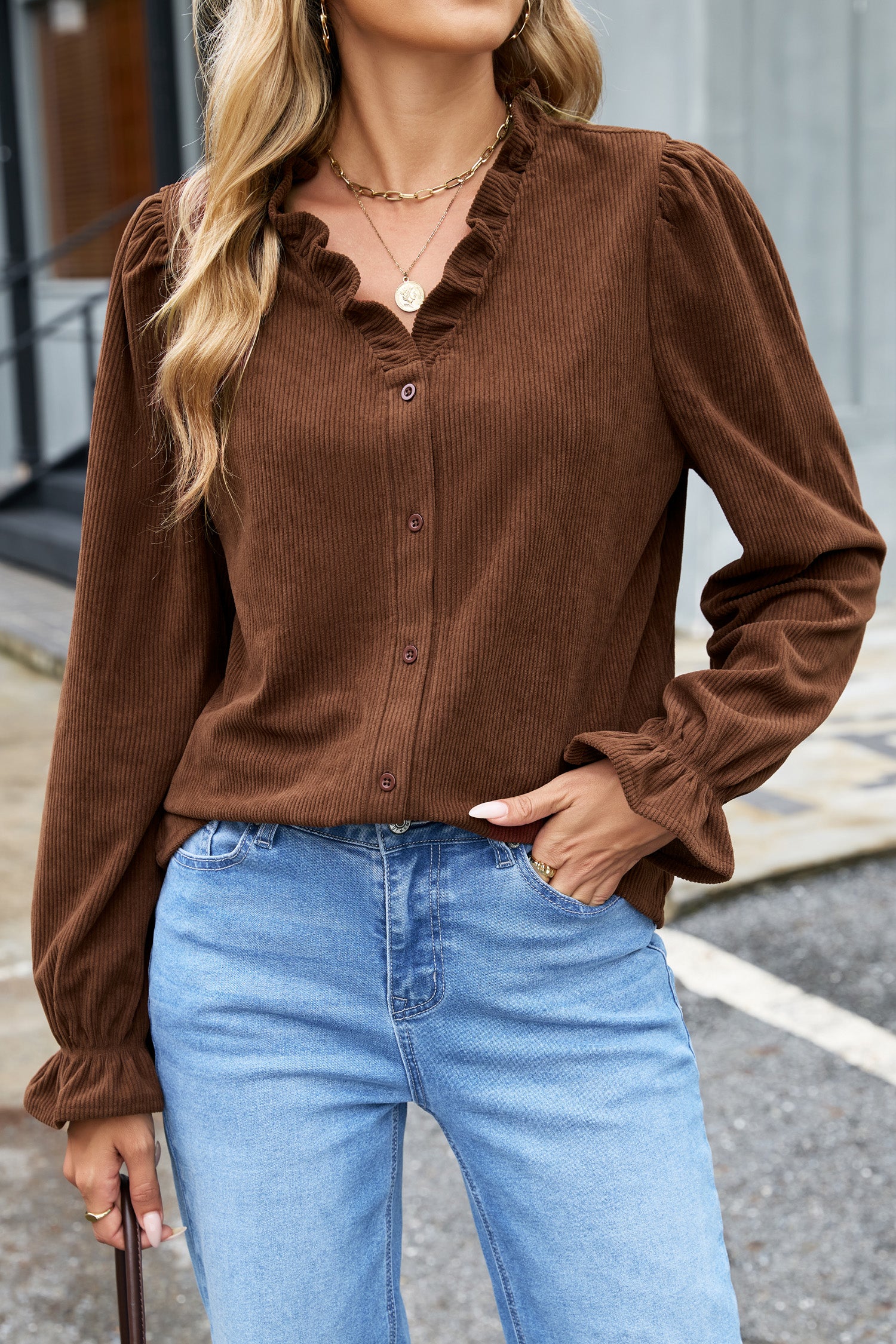 Coffee Solid Color Ruffle Trim V Neck Long Sleeve Button Corduroy Shakcet-Outerwear/Jackets-[Adult]-[Female]-2022 Online Blue Zone Planet