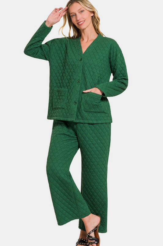 Zenana Quilted Button Up Long Sleeve Top and Pants Lounge Set-TOPS / DRESSES-[Adult]-[Female]-Dark Green-S-2022 Online Blue Zone Planet