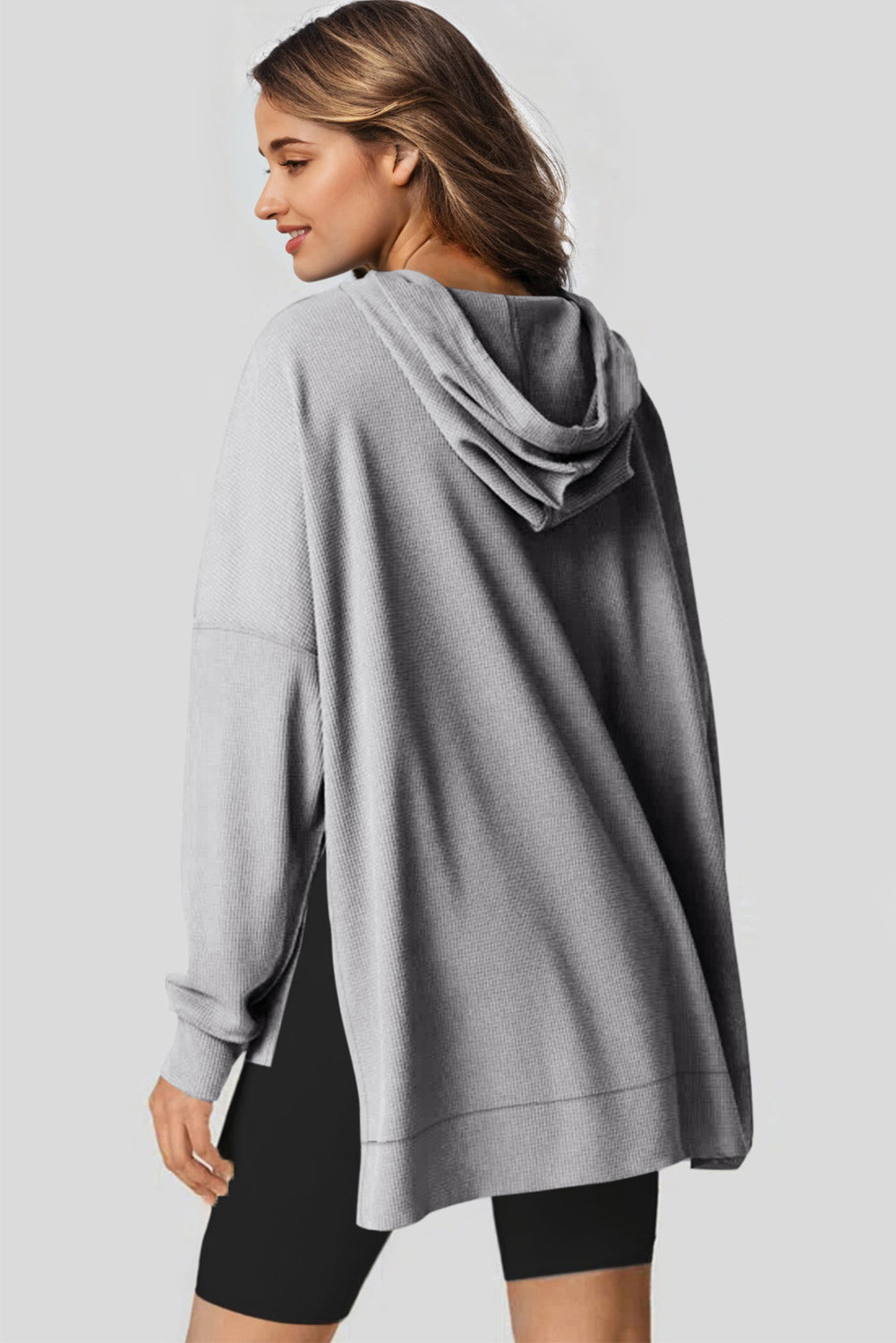 Gray Waffle Knit Fleece Lined High Low Oversized Hoodie-Tops/Sweatshirts & Hoodies-[Adult]-[Female]-2022 Online Blue Zone Planet