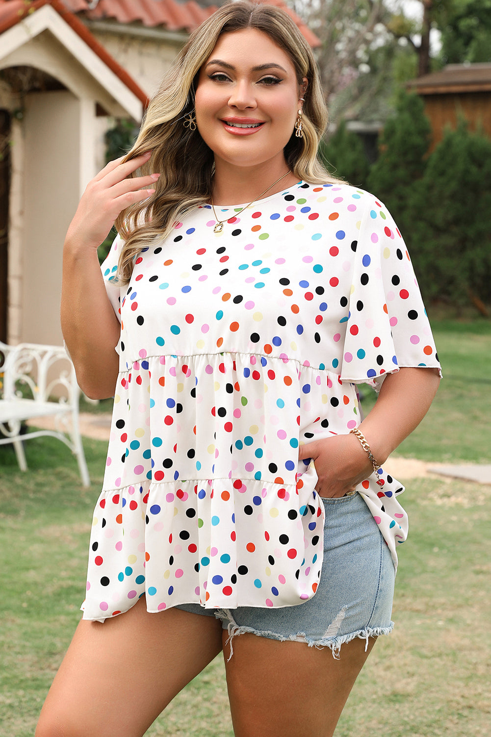 Beige Colorful Polka Dot Print Short Sleeve Ruffled Plus Size Babydoll Blouse-Plus Size/Plus Size Tops/Plus Size Blouses & Shirts-[Adult]-[Female]-2022 Online Blue Zone Planet