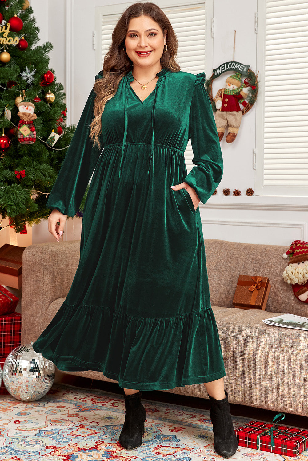 Blue Zone Planet | Blackish Green Velvet Frilled up Neck Ruffled High Waist Plus Size Midi Dress-TOPS / DRESSES-[Adult]-[Female]-2022 Online Blue Zone Planet