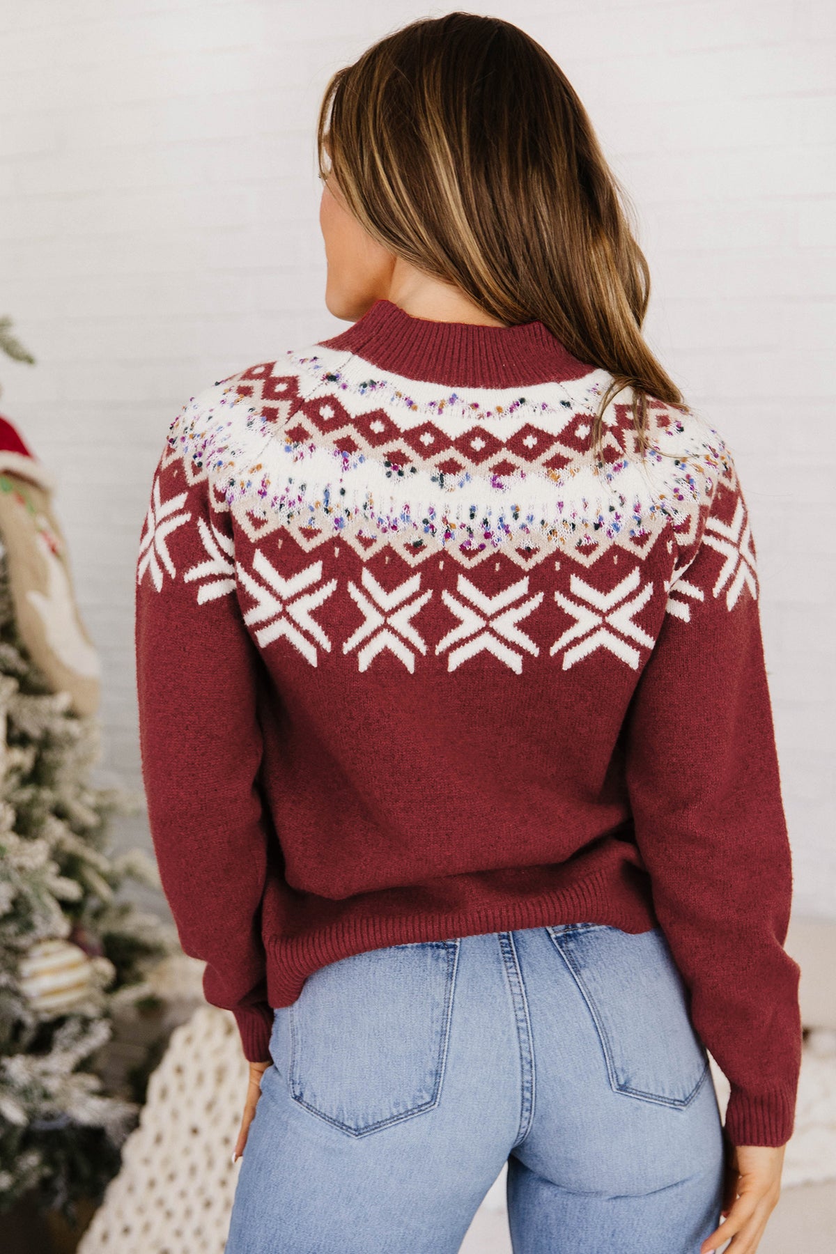 Chicory Coffee Christmas Theme Geometric Pattern Knit Round Neck Shift Sweater