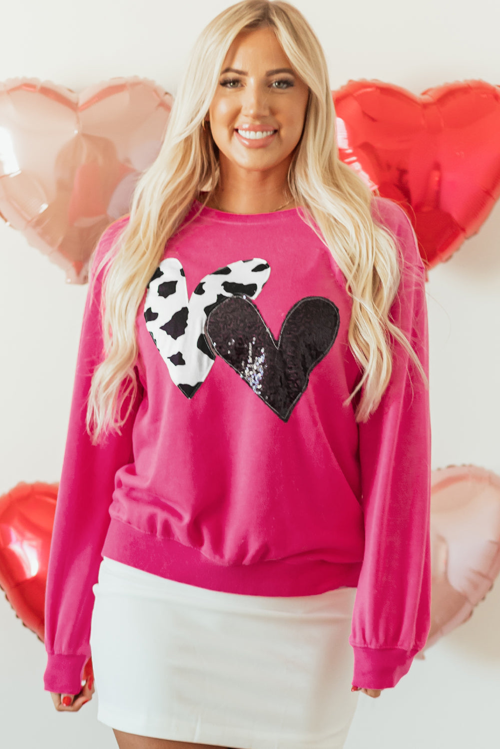 Strawberry Pink Cow & Sequin Double Heart Patch Graphic Sweatshirt-Tops/Sweatshirts & Hoodies-[Adult]-[Female]-2022 Online Blue Zone Planet